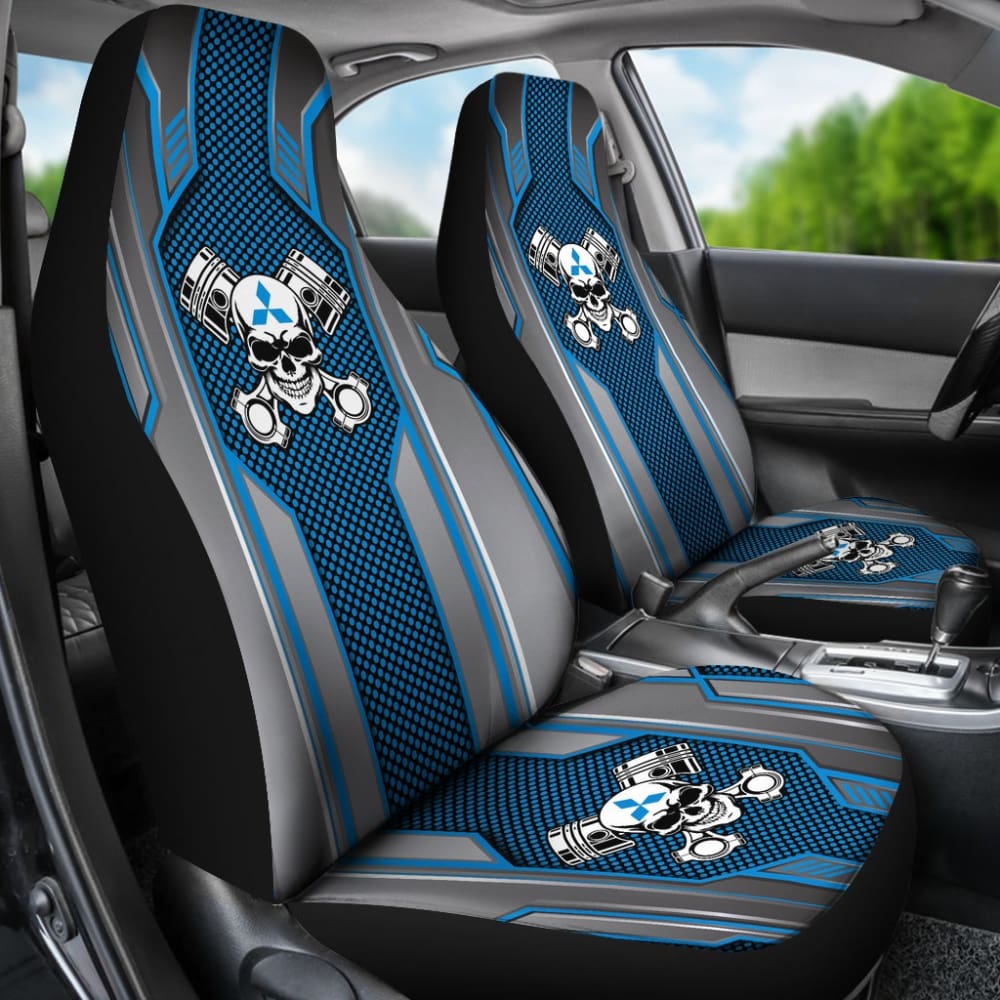 Premium Black & Blue Mechanic Skull Print Mitsubishi Car Seat Covers - Universal Fit for Most Models (210801) - Durable Protection for Daily Commute & Road Trips