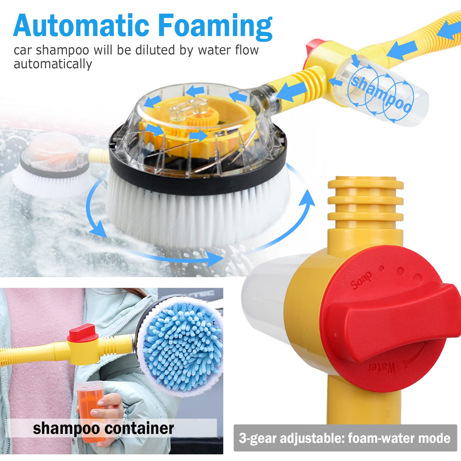 Rotating Car Wash Brush with Hose Attachment - Soft Chenille Microfiber Bristles, Long Handle Car Cleaning Brush with Soap Dispenser - Ideal for Washing Cars, Trucks, SUVs, and Boats (Yellow)
