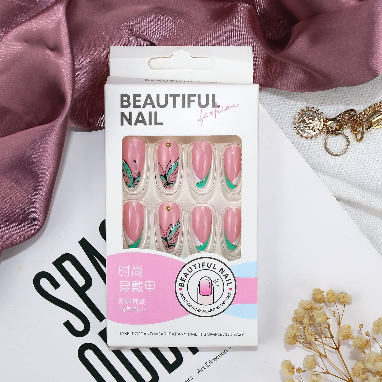 Butterfly Press on Nails - Almond Medium Length Fake Nails with French U-Shaped White Green Acrylic Design & Rhinestones - 24Pcs Full Cover Glue on Nails for Women & Girls - Perfect for Parties, Weddings, and Special Occasions