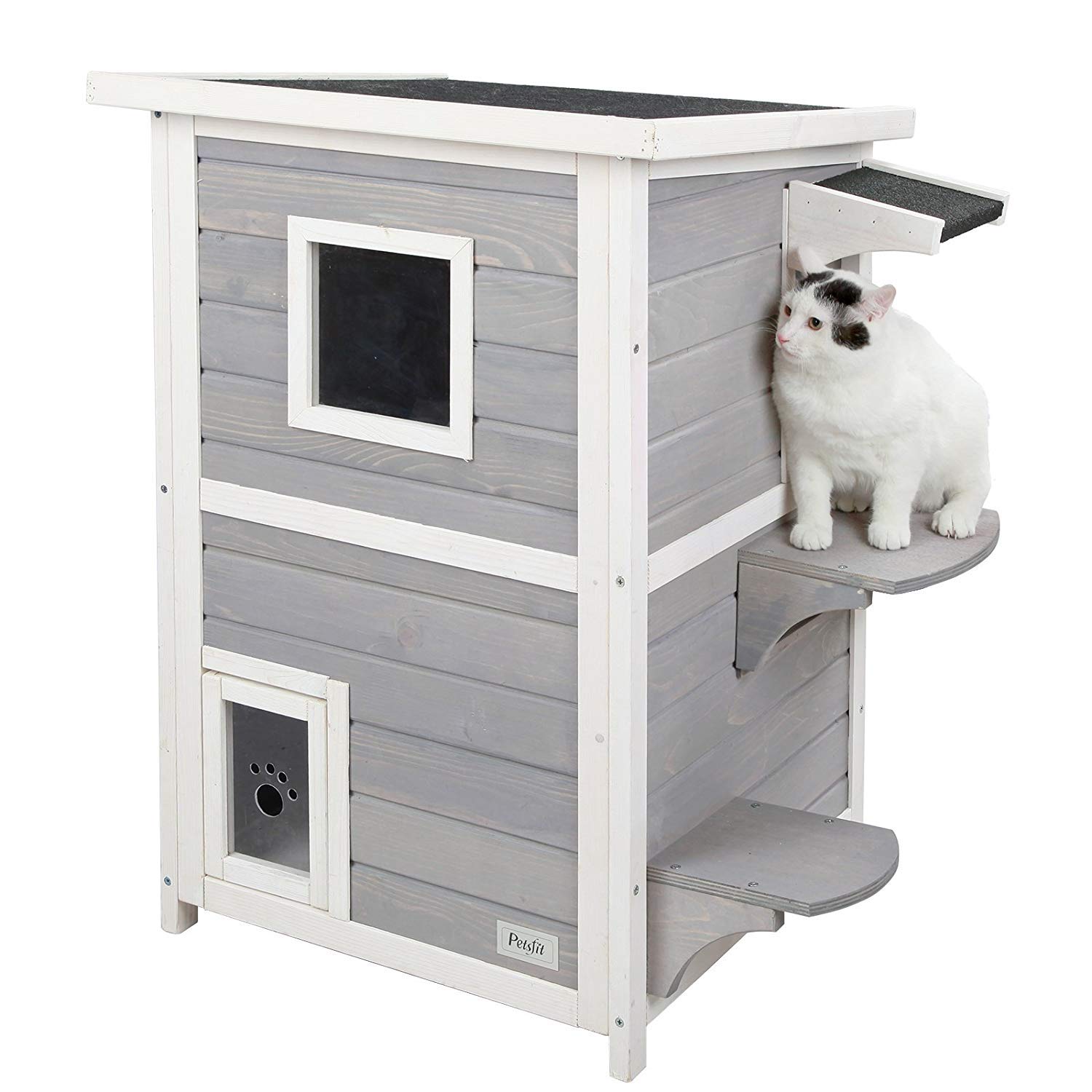 Petsfit 2-Story Weatherproof Outdoor Cat House with Escape Door - Insulated Shelter for Stray & Feral Cats - Perfect for Backyard, Garden & Patio Protection