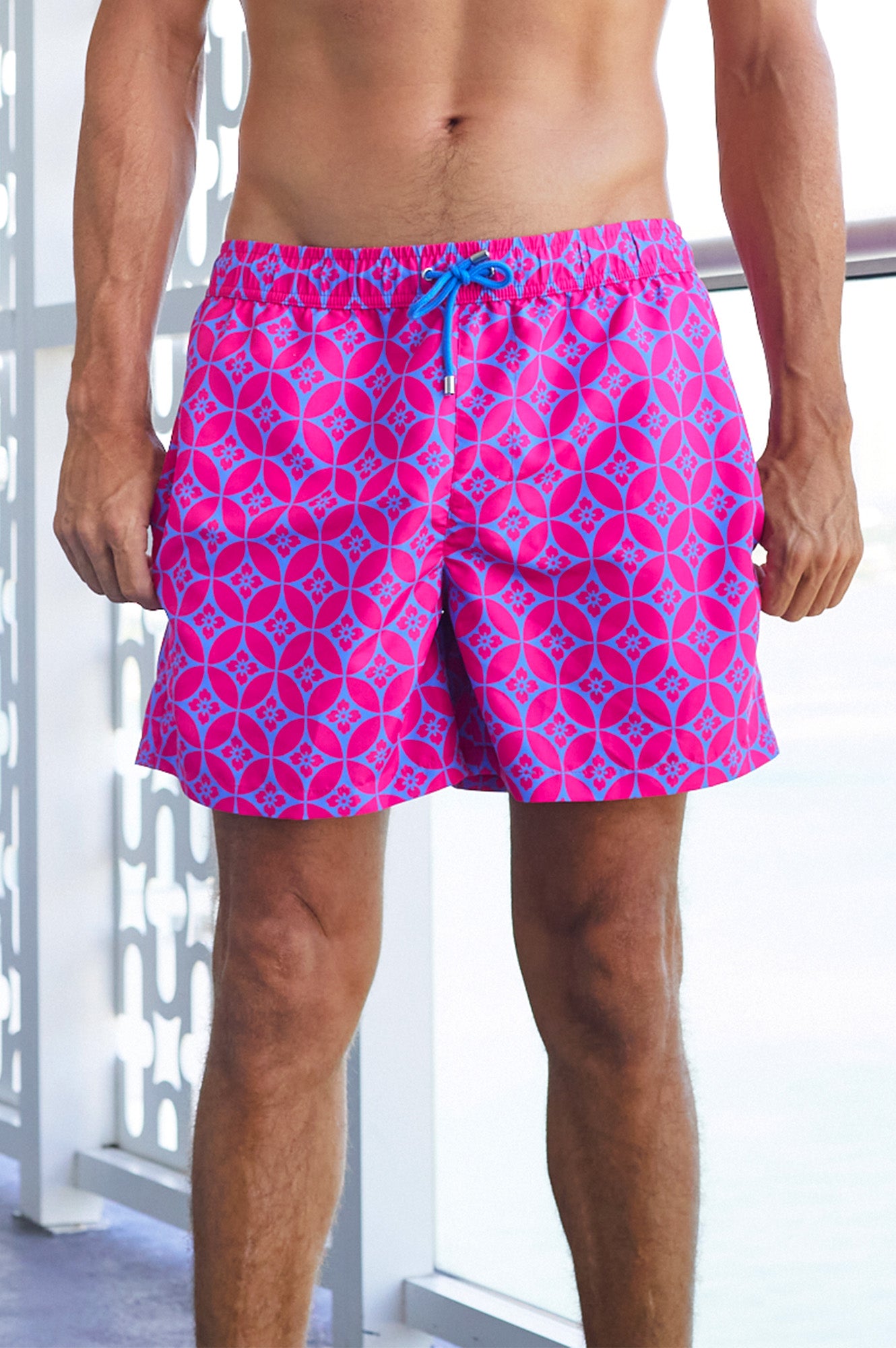 Eco-Friendly Men's Swim Shorts - Recycled Fabric, Geo Pink & Blue Design | Perfect for Beach, Pool & Summer Vacations