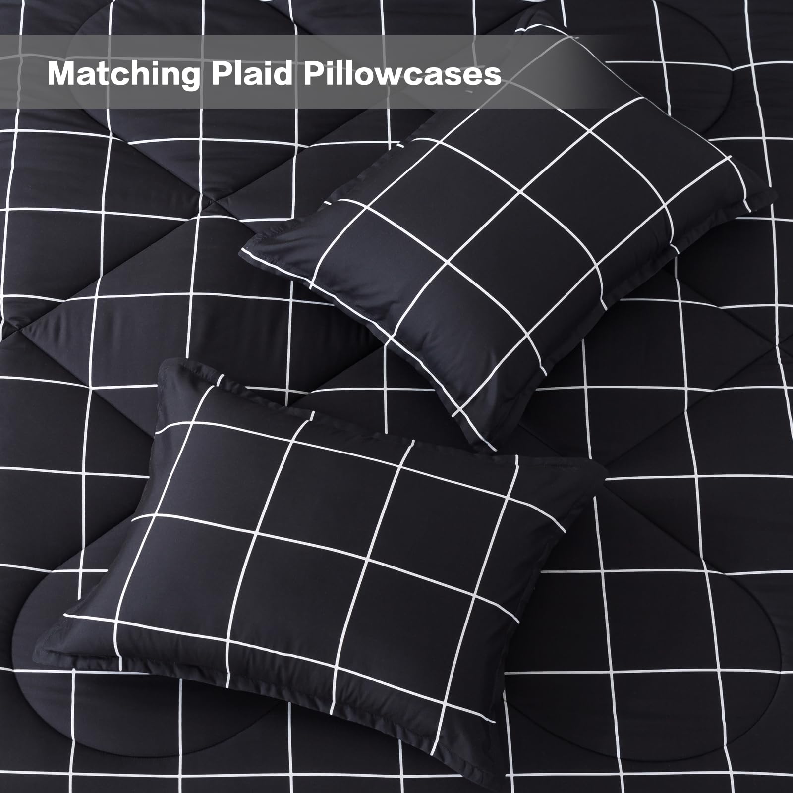 Andency Black Full Size 3-Piece Comforter Set - Plaid Grid Microfiber Bedding for Boys & Kids | All-Season Soft Lightweight Geometric Bedding Set | Perfect for Kids' Rooms, Dormitories & Guest Bedrooms