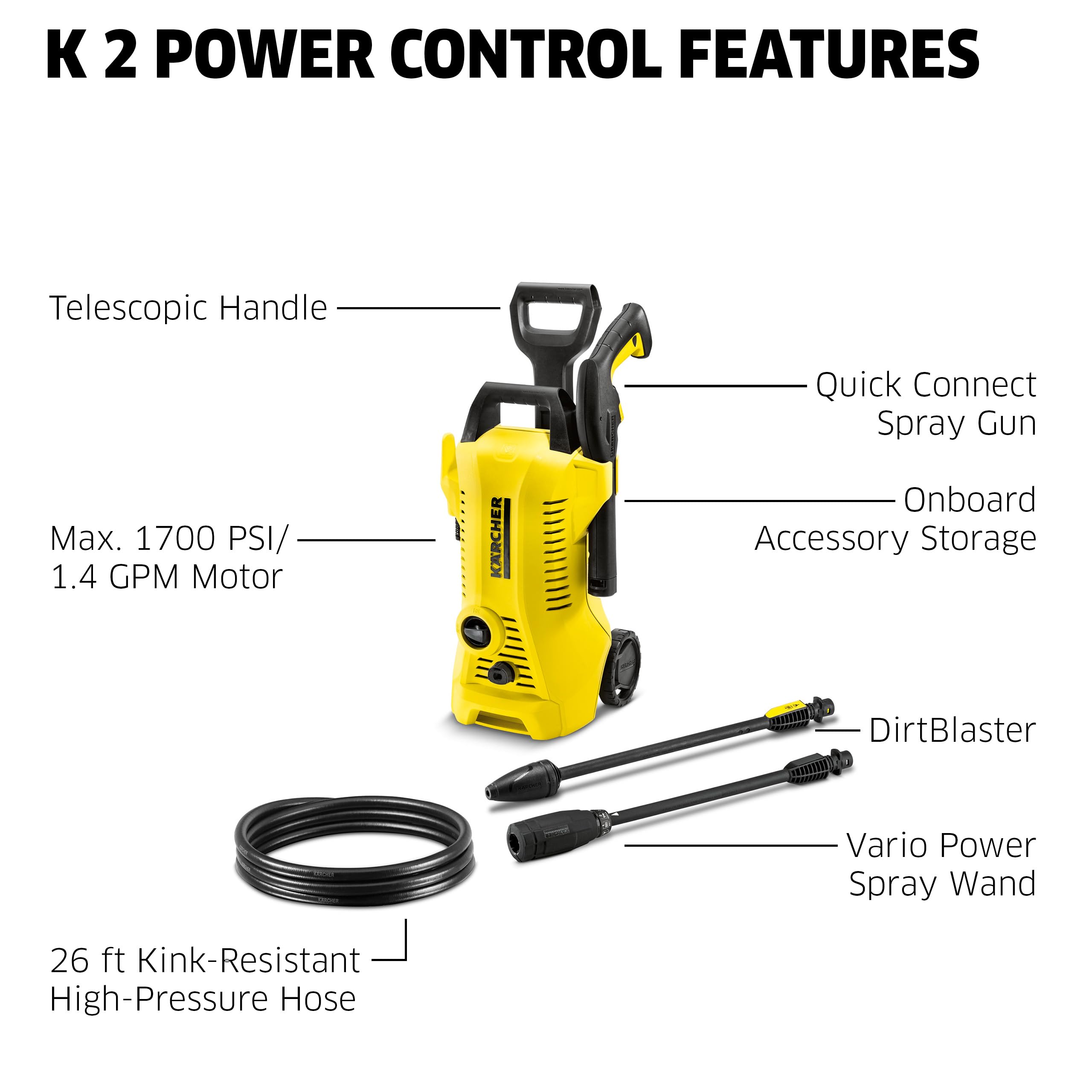 Kärcher K2 Power Control Electric Pressure Washer - 2000 PSI, 1.45 GPM, 25 ft Hose with 2 Spray Wands for Home Cleaning, Driveway, Deck & Patio Washing