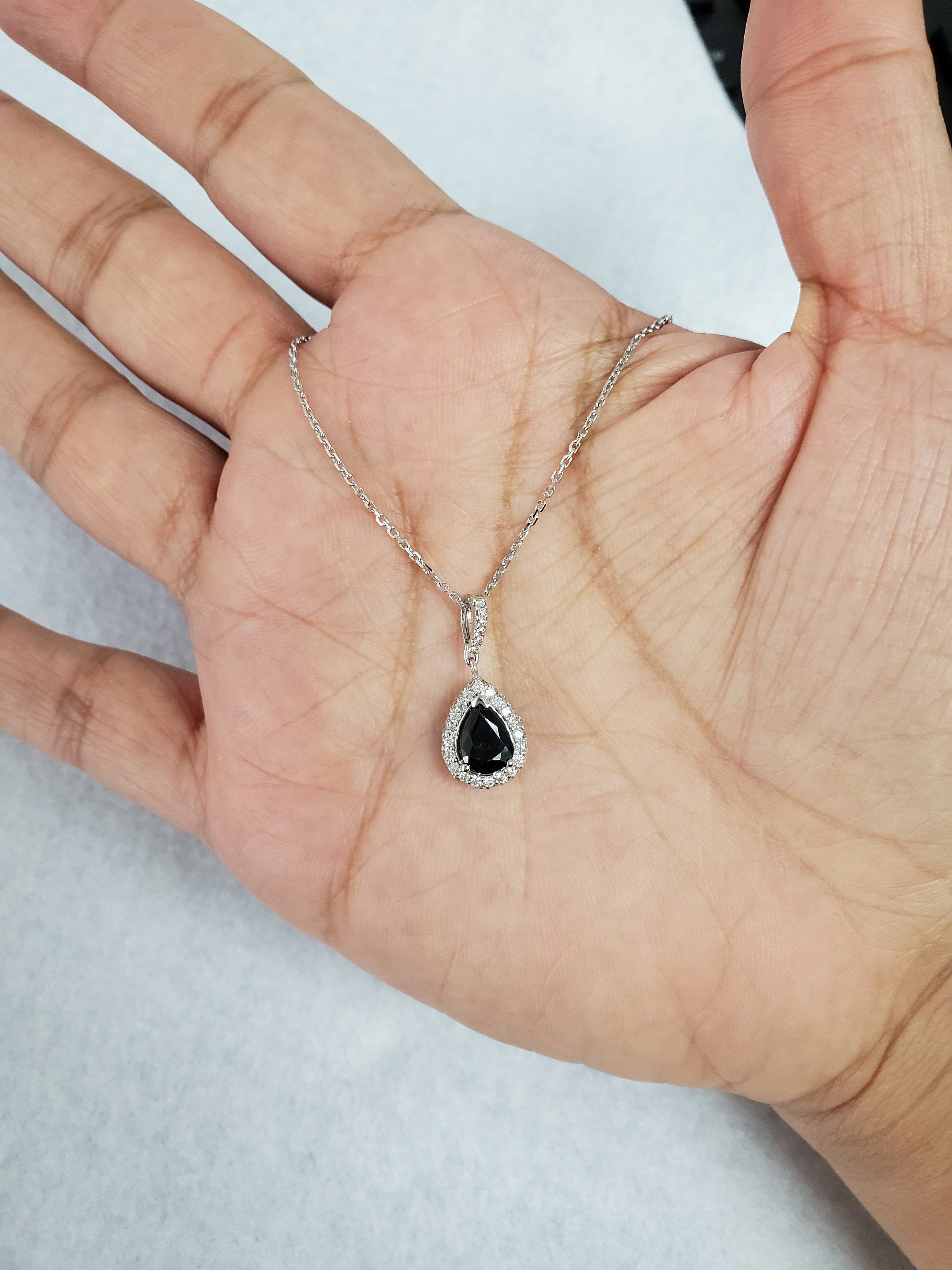 Pear Shaped Teardrop Sapphire Diamond Pendant .37cttw 14k White Gold Necklace - Elegant Jewelry Gift for Women, Brides & Special Occasions