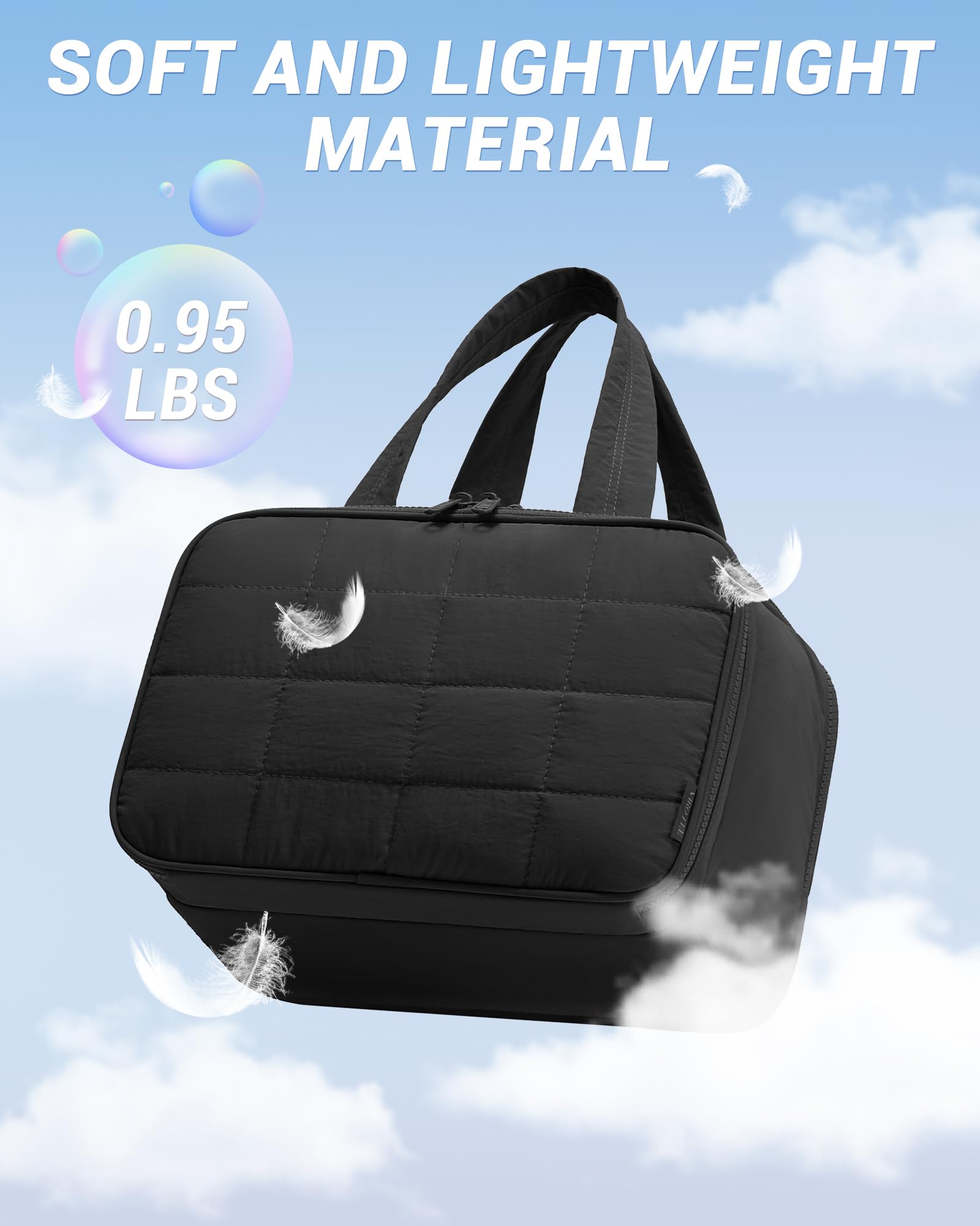 Quilted Travel Toiletry Bag for Women - Lightweight Cosmetic Makeup Organizer with Handle | Waterproof Puffy Wide-Open Design | Perfect for Travel, Gym, Vacation & Daily Essentials Storage (Black)