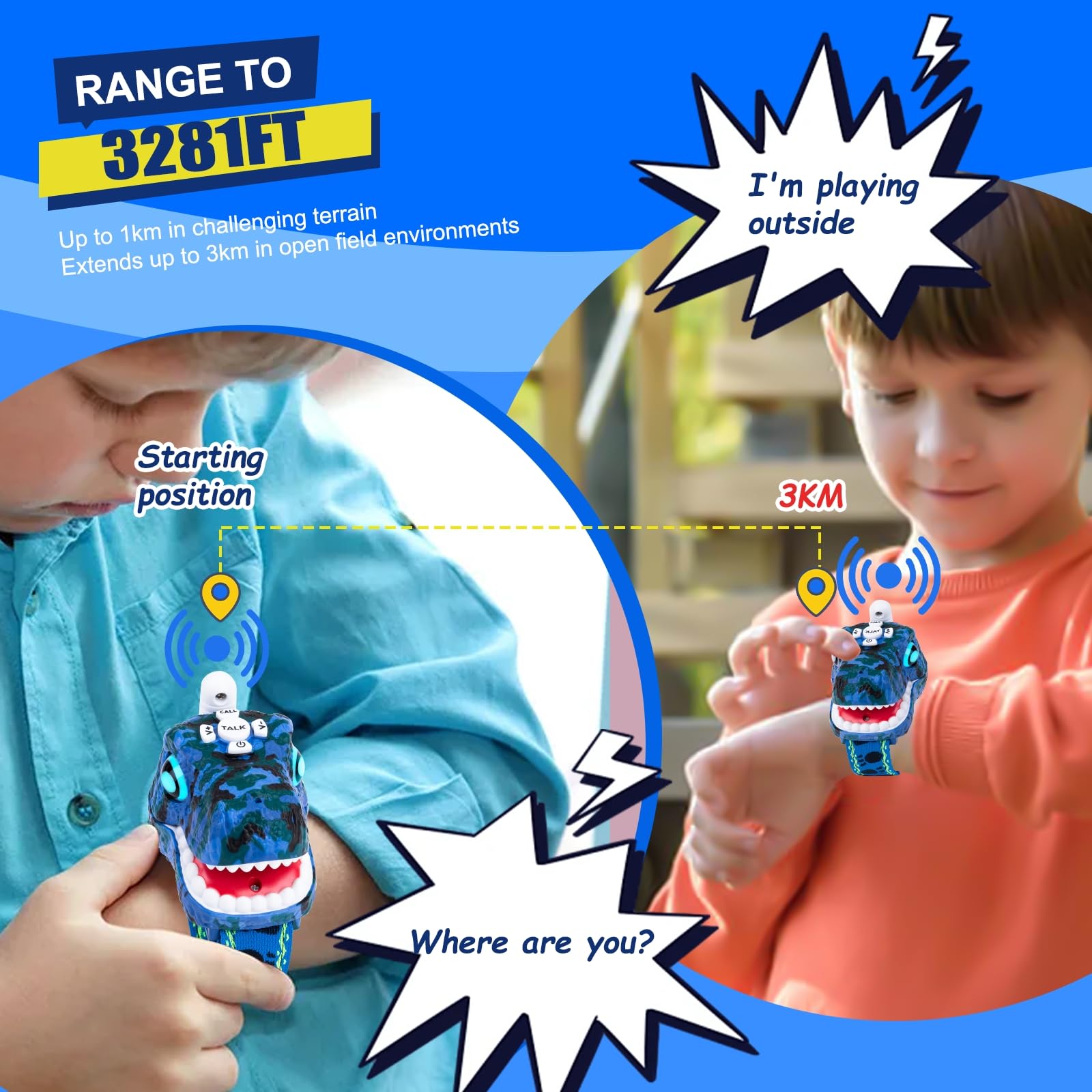 Dinosaur Walkie Talkies for Kids - 2 Way Radios Toys for Boys & Girls Ages 3-12 - Long Range Communication, 3 Channels - Perfect for Outdoor Adventures, Camping, Hiking & Birthday Gifts (Blue) - Ideal for Backyard Play, Family Trips & Emergency Preparedness