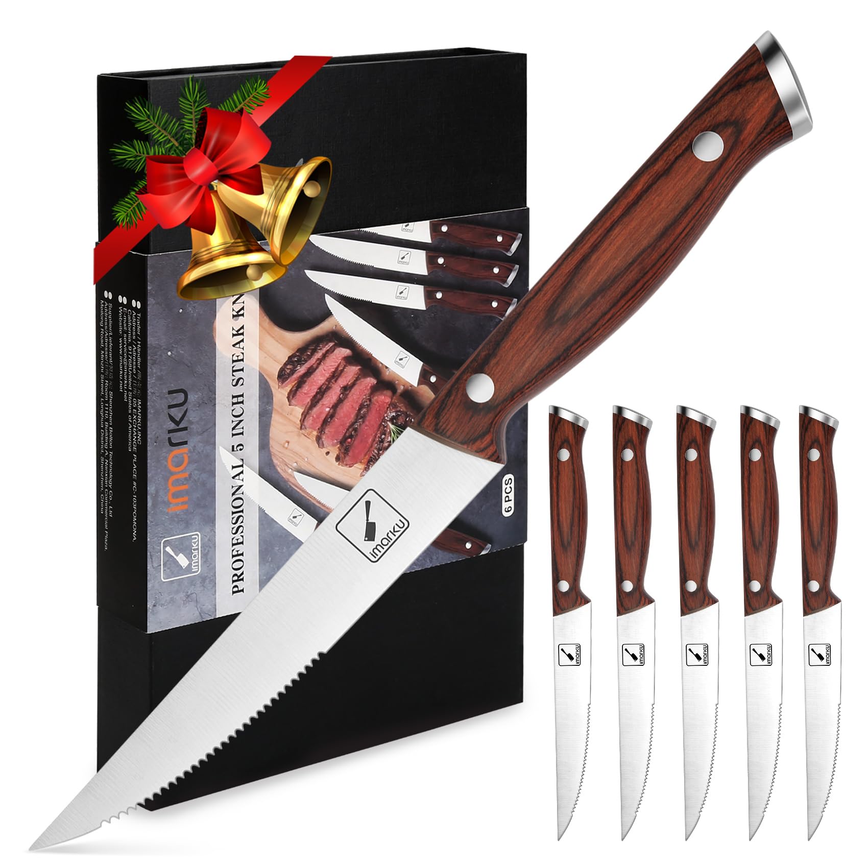 **Imarku 6-Piece Steak Knives Set - Japanese HC Steel Premium Serrated Knives with Ergonomic Handle & Gift Box - Perfect for Steak Lovers, BBQ, Dinner Parties & Gifts for Men & Women**