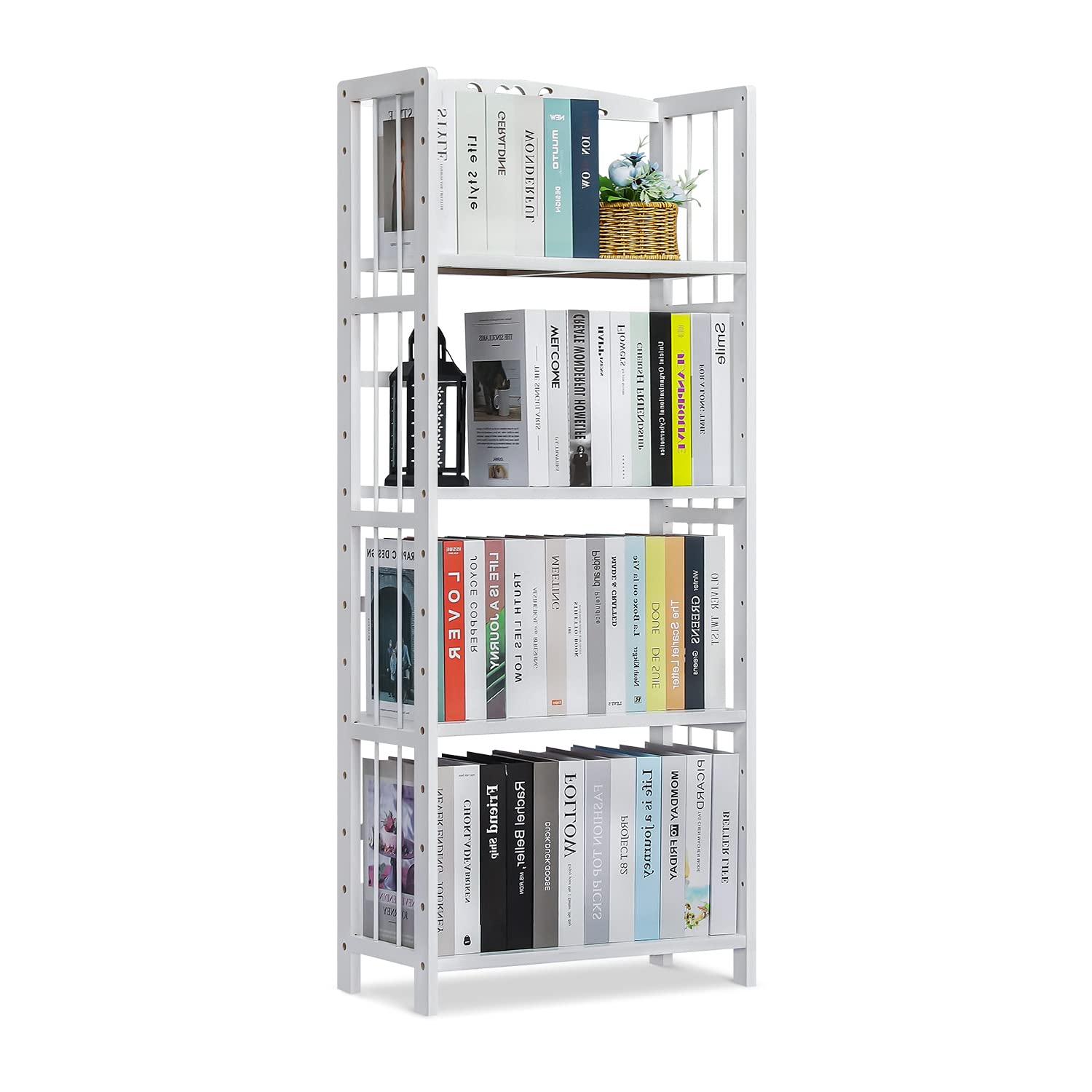 MoNiBloom 4-Tier Adjustable Bamboo Bookshelf - Multi-Layer Bookcase Organizer with Plant Stand for Living Room, Office & Garden - White | Perfect for Home Decor, Book Storage & Indoor Plant Display