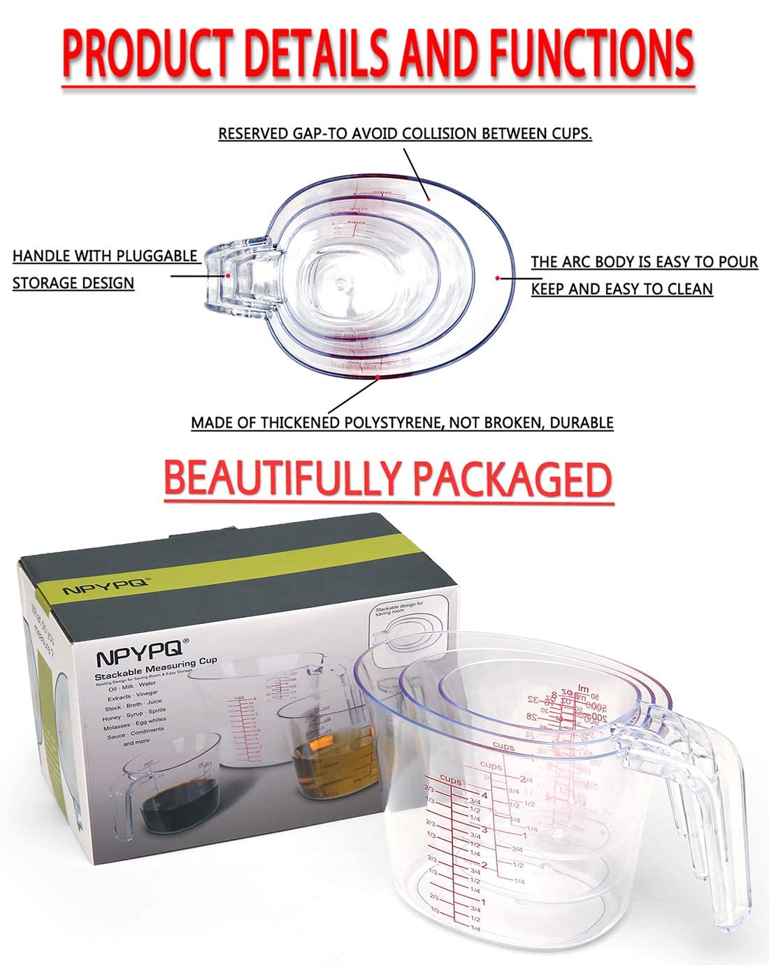 NPYPQ 3-Piece Plastic Measuring Cup Set for Liquid & Dry Ingredients | Stackable Measuring Cups with Spout & Handle | Perfect for Baking, Cooking & Mixing Drinks