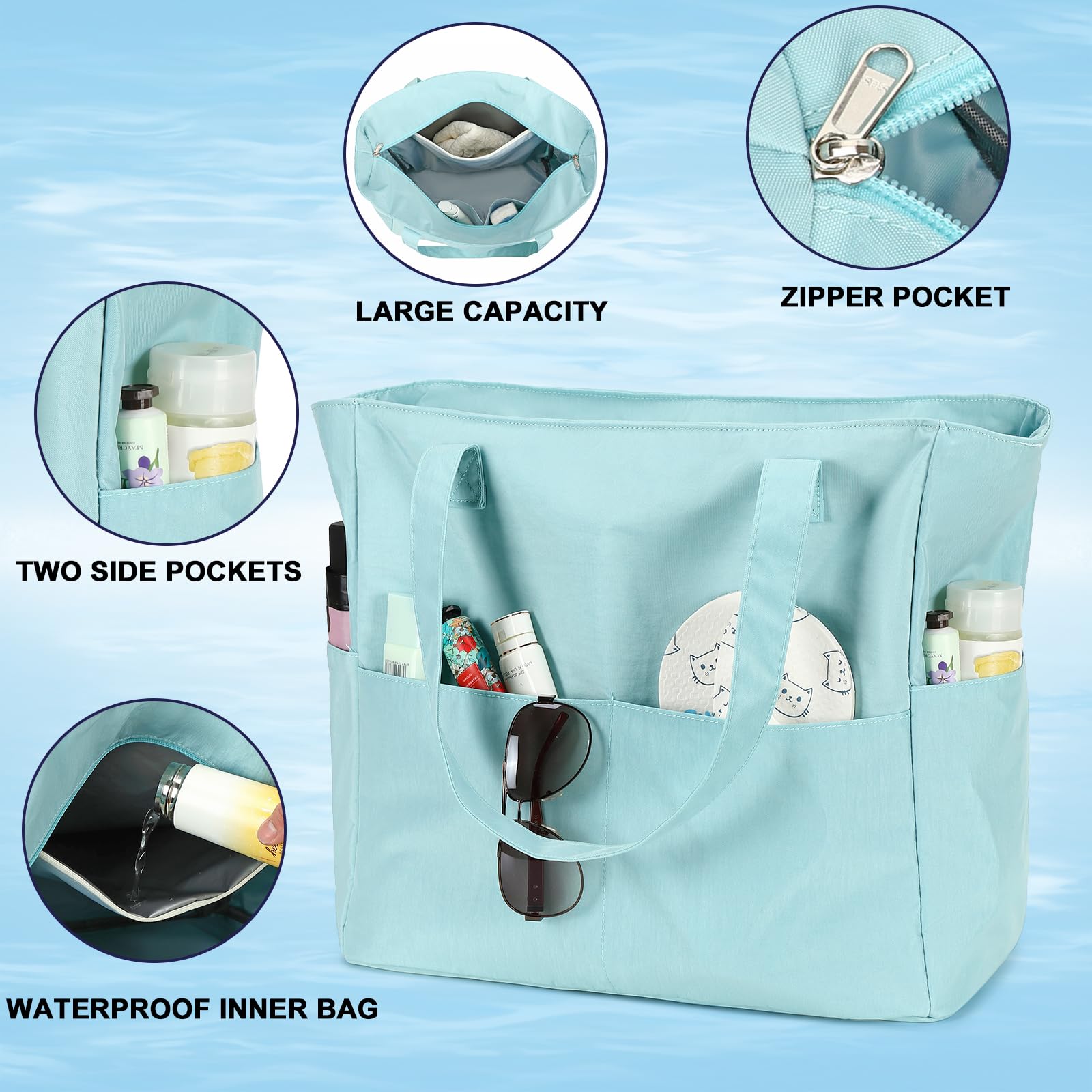 Waterproof & Sandproof Beach Tote Bag for Women - Large Zippered Pool Bag with Wet Pocket - Perfect for Gym, Grocery Shopping, Travel & Beach Days