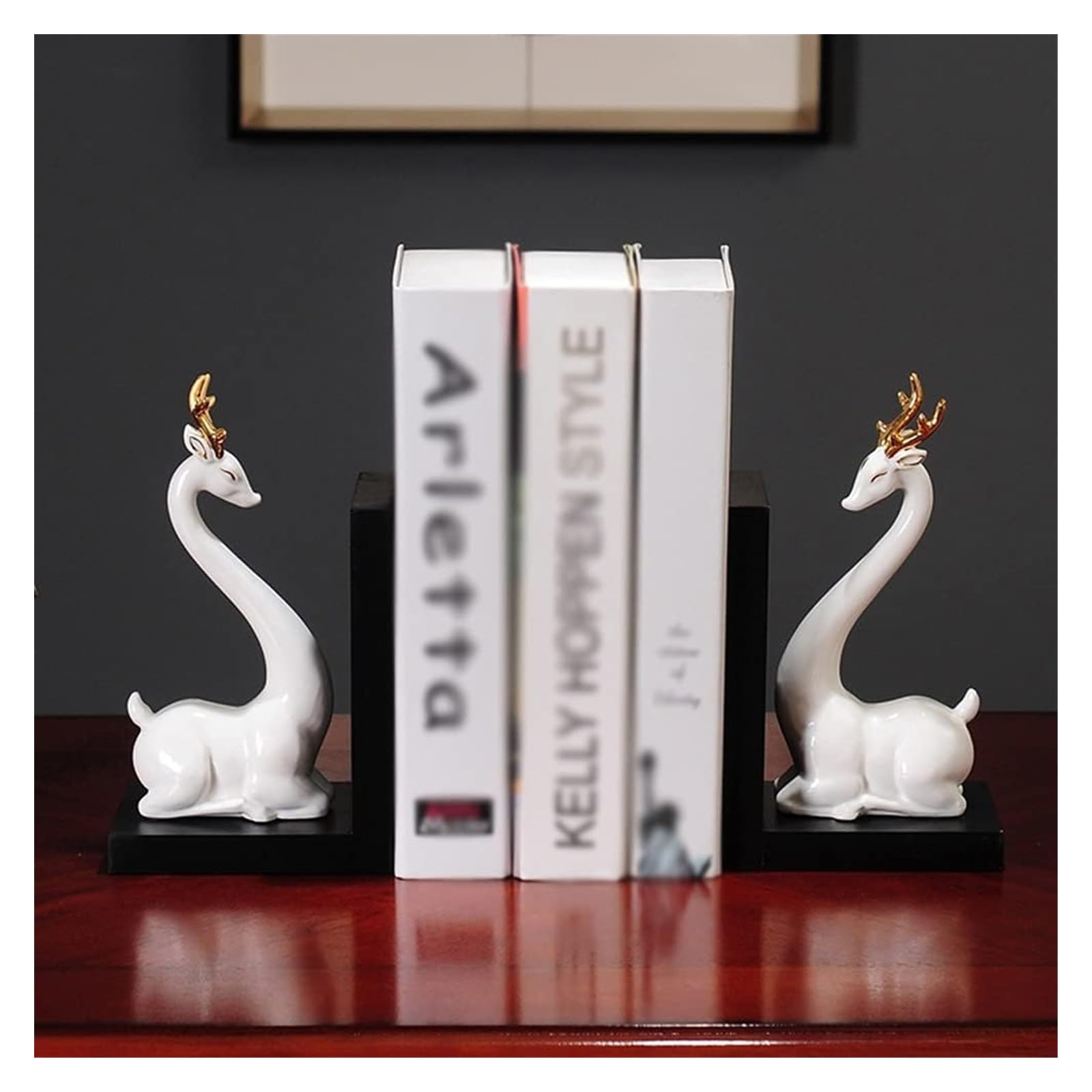 Chinese Ceramic Bookends - Heavy Duty Deer Head & Dragon Book Stoppers for Bookshelves | Office & Living Room Decoration | Perfect for Organizing Heavy Books in Home Library, Study or Workspace