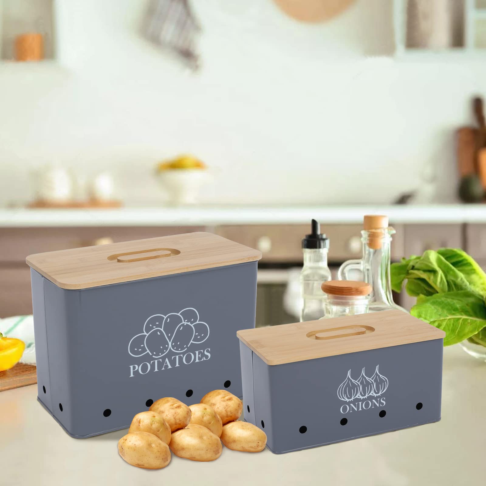 Potato and Onion Storage Containers with Bamboo Lid - Set of 2 Airtight Food Storage Bins with Ventilation Holes for Kitchen, Pantry, or Countertop Organization