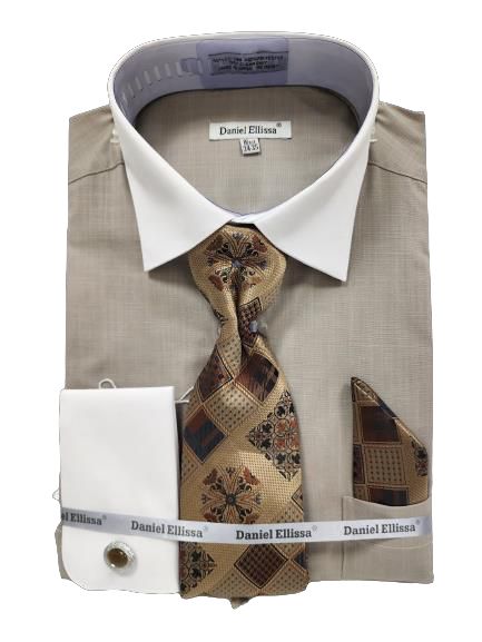DANIEL ELLISSA JQD Pattern White Collar French Cuff Dress Shirt DS3831P2 Beige - Perfect for Business, Office, and Formal Occasions