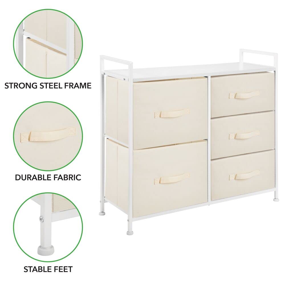 mDesign 5-Drawer Storage Dresser Organizer - Large Standing Fabric Bin Chest for Bedroom, Office, Living Room & Closet - Removable Drawers, Cream White - Perfect for Home Organization & Small Space Storage (Pack of 1)