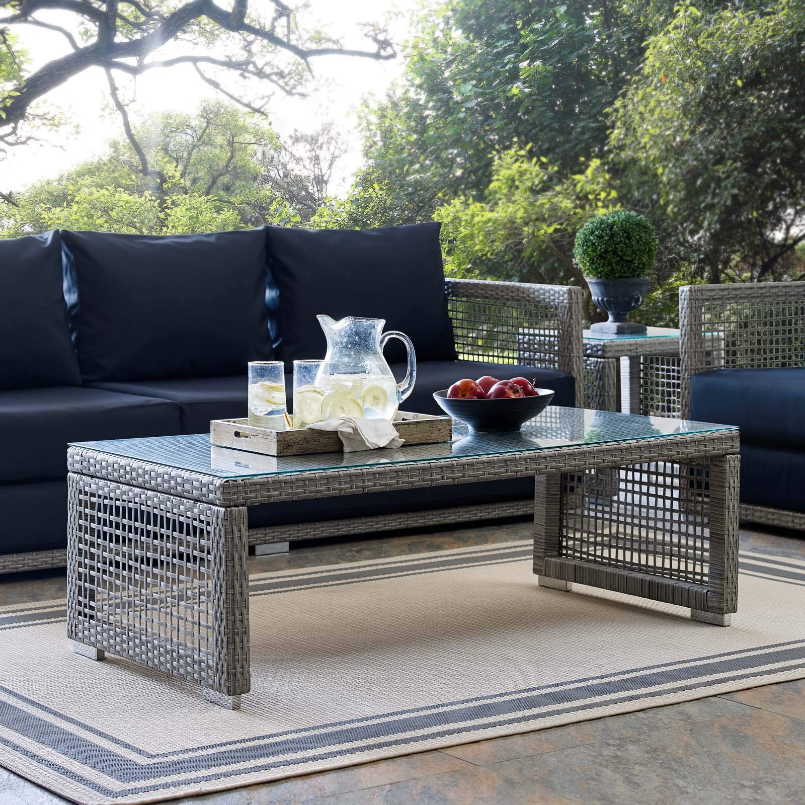 Modway Aura Wicker Rattan Outdoor Patio Coffee Table with Tempered Glass Top - Gray Weather-Resistant Furniture for Garden, Poolside & Backyard Relaxation