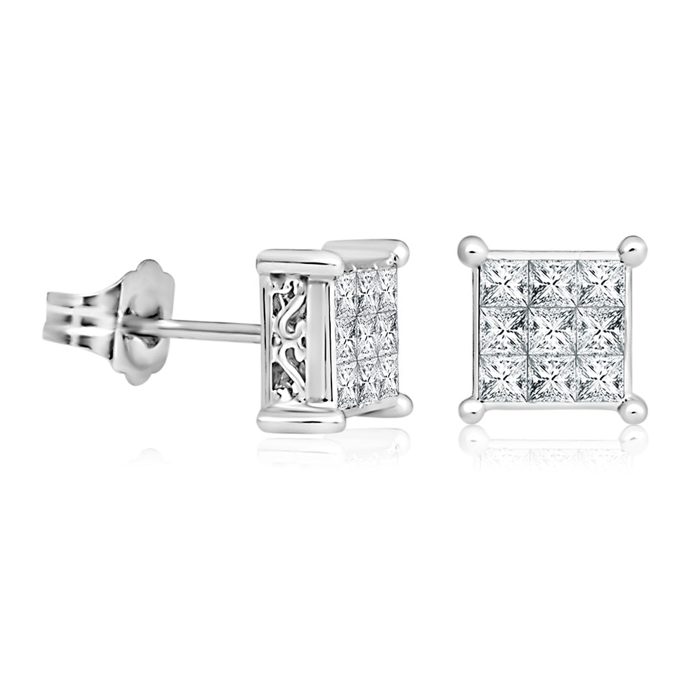14ct White Gold 1/2 Carat Diamond Stud Square Earrings for Women - Elegant Everyday Jewelry Gift for Anniversary, Wedding & Special Occasions