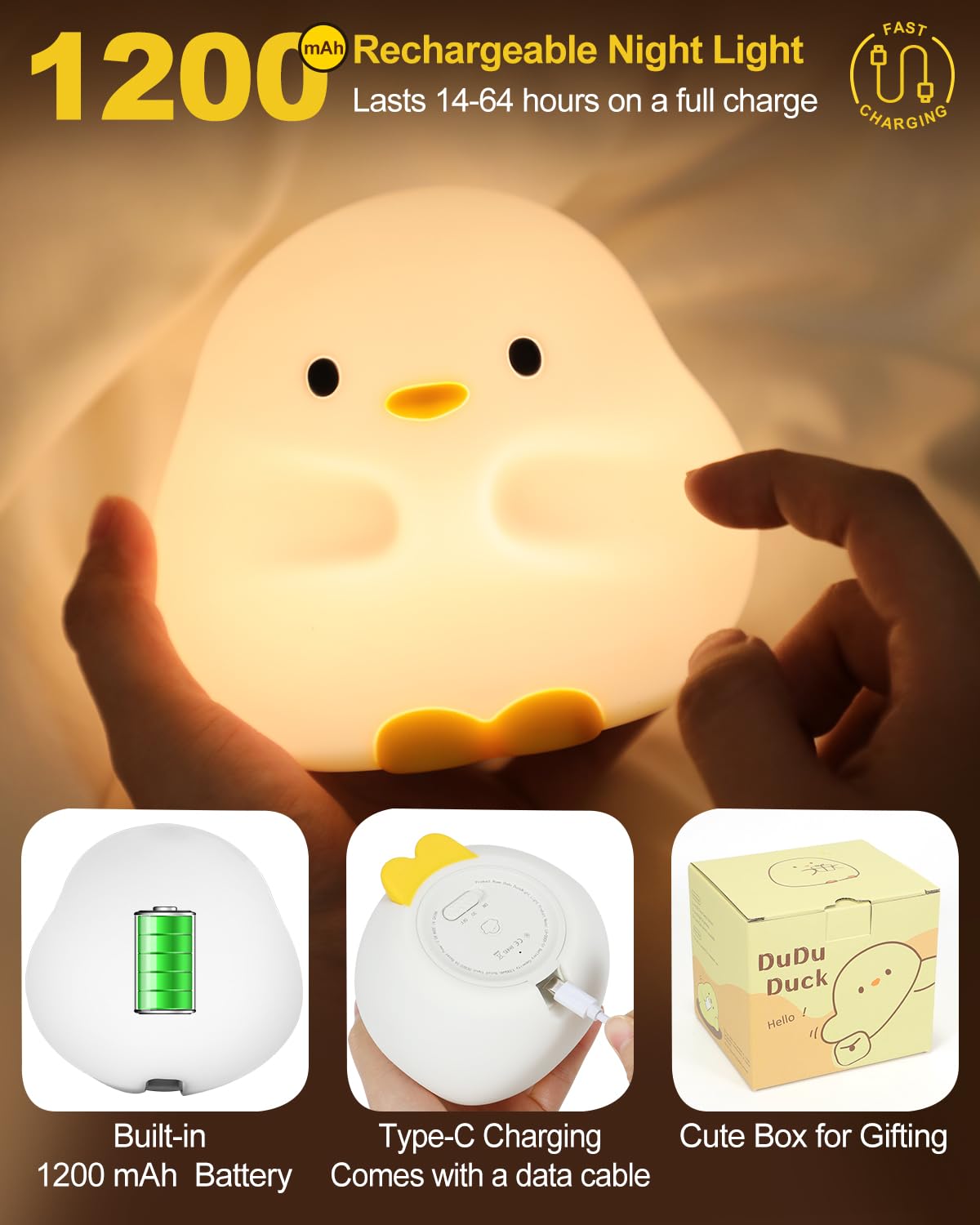 DuDu Duck Night Light - Cute Squishy Silicone Baby Nursery Lamp with 30-Min Timer | Rechargeable Touch Control Bedside Light for Bedroom, Kids Room & Nursery | Perfect for Night Feedings, Soothing Toddlers & Creating Cozy Atmosphere