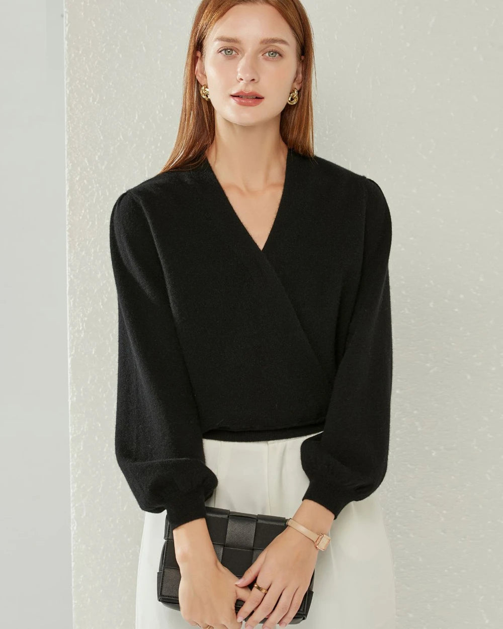 V Neck Lantern Sleeve Cashmere Sweater Women's - Soft Luxurious Winter Pullover for Office, Date Night & Holiday Outfits