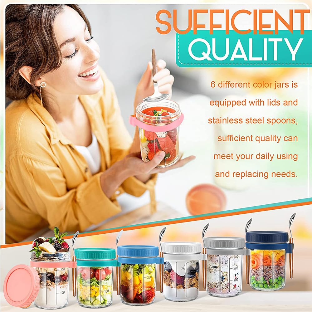 12 oz Glass Mason Overnight Oats Containers with Lids & Spoons - 6 Pack Meal Prep Jars with Measurement Marks for Cereal, Yogurt, Fruit Salad & Healthy Breakfast - Perfect for Office Lunch, Gym Snacks & On-the-Go Meals
