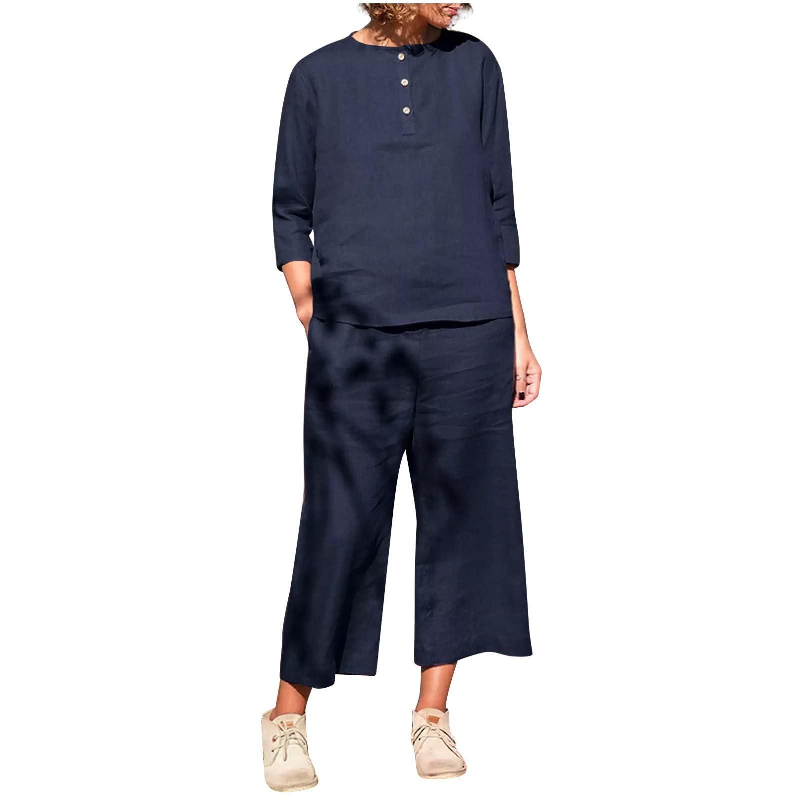 Women's 2-Piece Suit Set - Round Neck Long Sleeve Blouse with Loose Pants | Gym Outfits, Workwear & Casual Matching Sets | Comfortable Office Wear & Yoga Clothes for Women