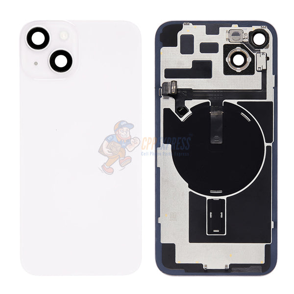 Original iPhone 14 Plus Mid Frame Housing Replacement - Includes Power/Volume Buttons, Back Glass with Steel Plate & Wireless Charging Flex Cable (White) - Perfect for DIY Repairs & Phone Restoration Projects