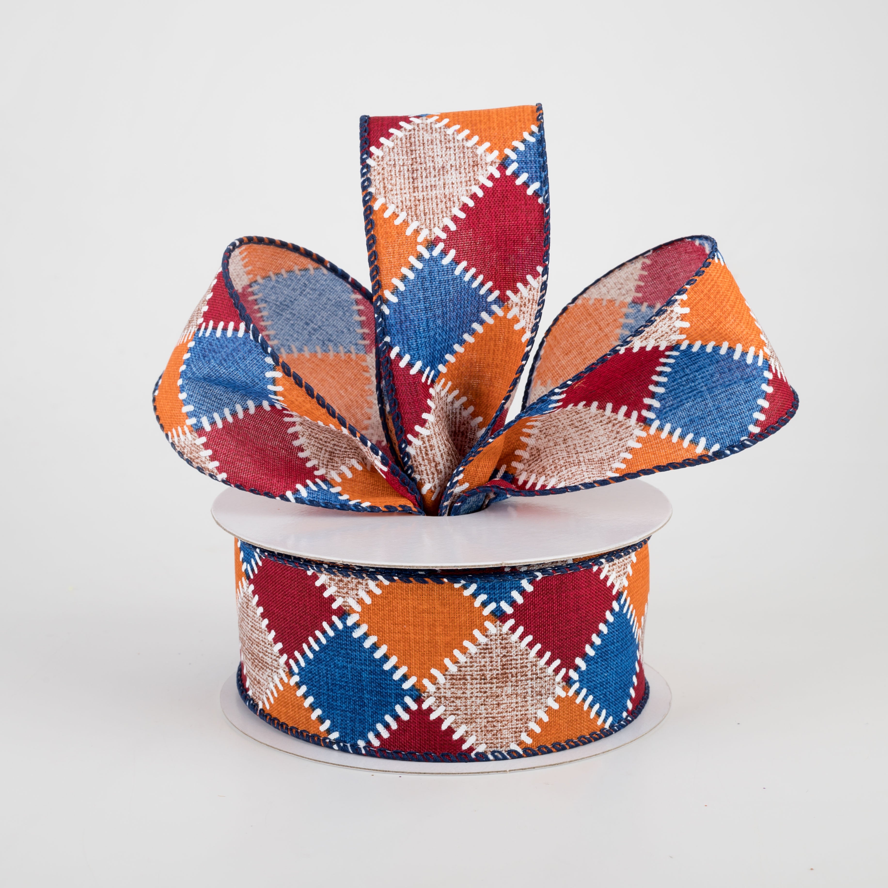 1.5 Inch Natural Stitch Check Ribbon - Blue, Burgundy, Orange (10 Yards) for Gift Wrapping, DIY Crafts, Hair Bows & Party Decorations