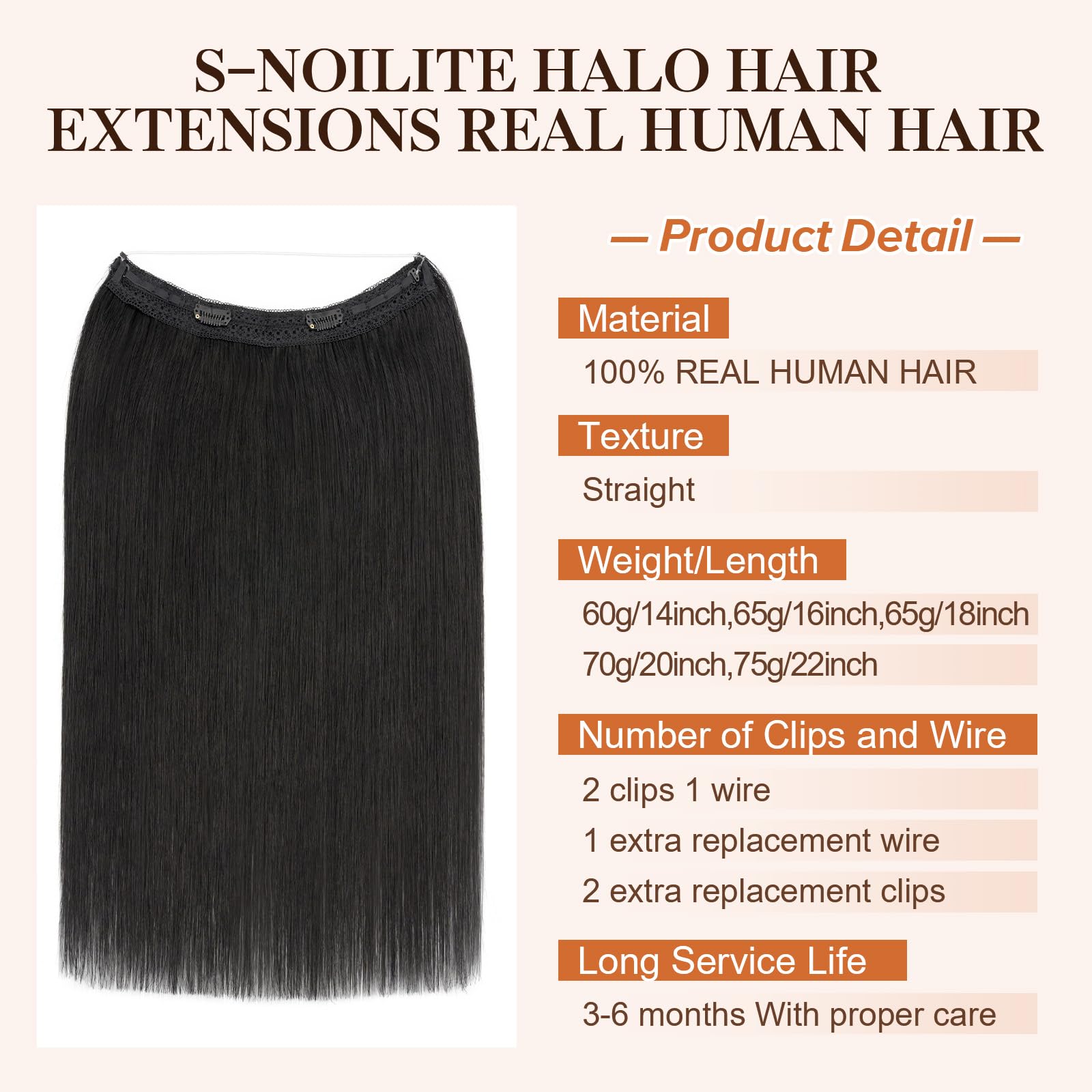 100% Real Human Hair Halo Extensions 18 Inch 65g - Natural Black Hairpiece for Women | Perfect for Weddings, Parties & Daily Styling