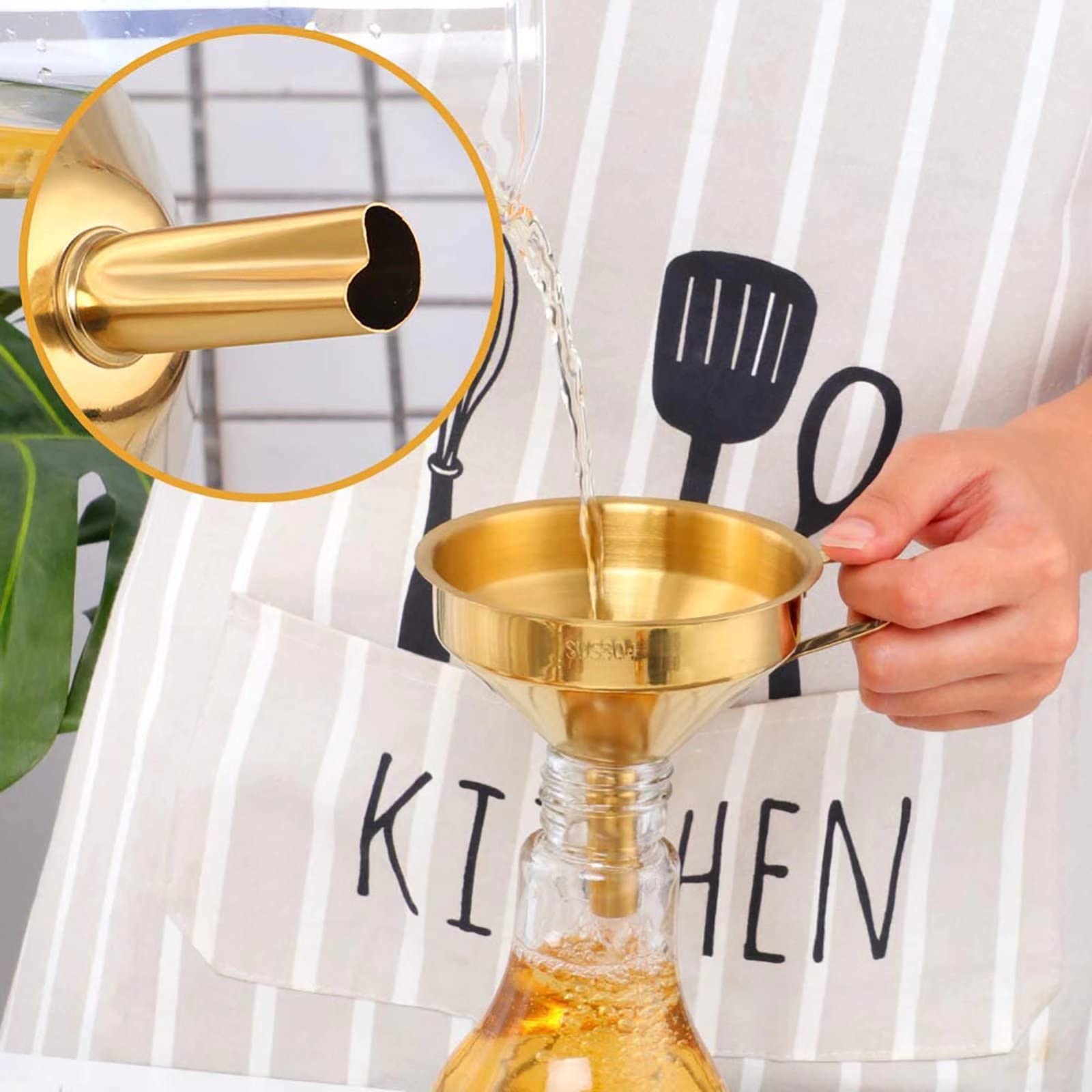 Premium 5-Inch Stainless Steel Kitchen Funnel Set with 2 Detachable Filters & Cleaning Brush - Food Grade Metal Funnel for Liquids, Powders, Oil, Baking, Home Brewing & DIY Projects (Gold)