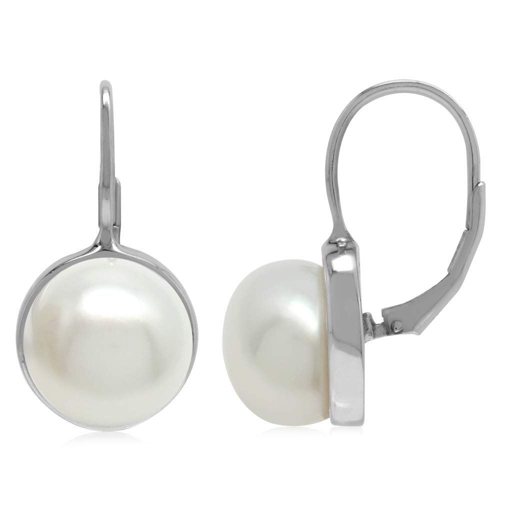 12mm Cultured Freshwater White Pearl 925 Sterling Silver Leverback Earrings for Women - Elegant Dangle Earrings for Wedding, Party & Everyday Wear