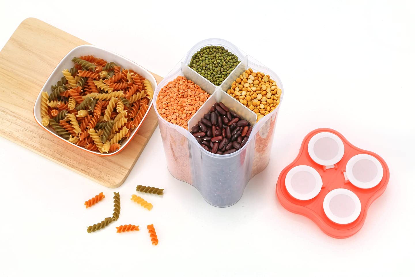 Tosaa 2500ML Airtight Transparent Plastic Lock Food Storage Container - 4 Section BPA-Free Kitchen Jar for Grocery, Fridge, Pantry Organization (Pack of 1, Orange) | Perfect for Meal Prep, Snack Storage & Leftovers
