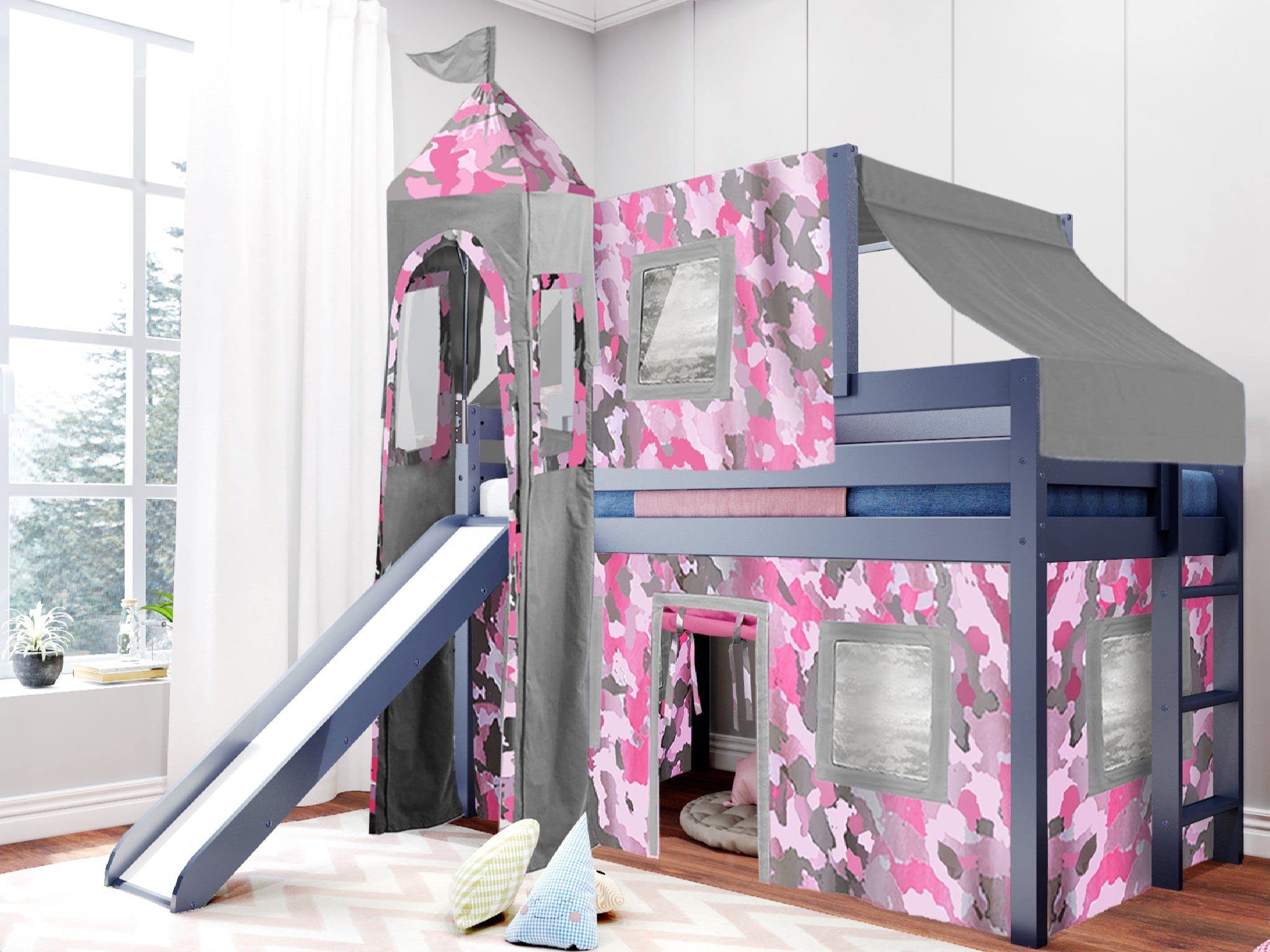 Princess Low Loft Bed with Slide - Pink Camo Tent & Tower Twin Size Blue - Perfect for Kids Bedrooms & Playrooms