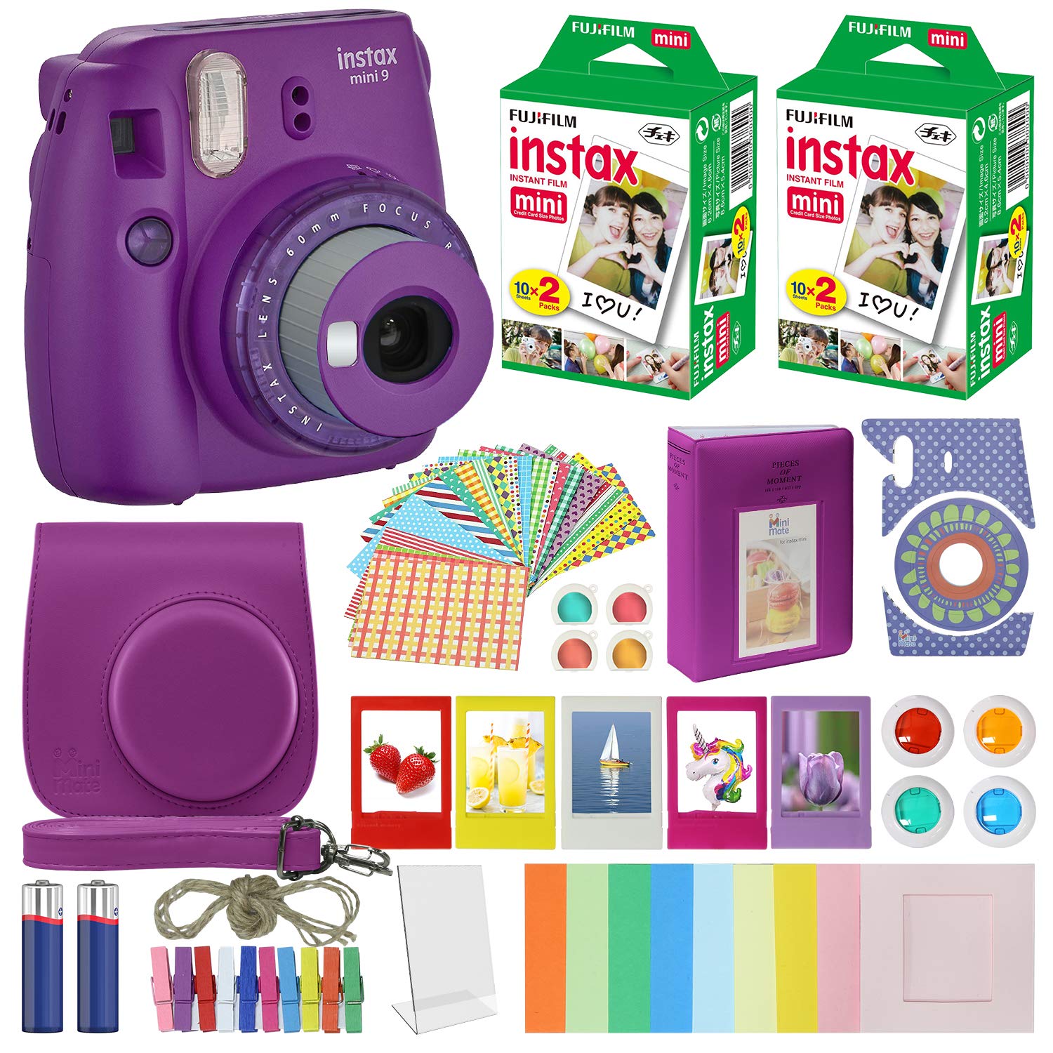 Fujifilm Instax Mini 9 Instant Camera Bundle - Purple with Clear Accents | Includes Carrying Case, 40 Sheets Film Value Pack, Color Filters, Photo Album & Accessories | Perfect for Parties, Travel & DIY Photo Gifts
