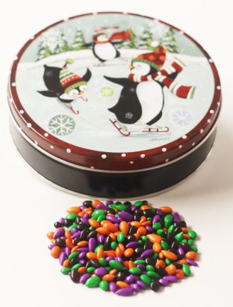 Scott's Cakes Halloween Mix Chocolate Covered Sunflower Seeds in Mini Skating Penguins Tin - Perfect for Trick-or-Treating, Party Favors & Holiday Gifts
