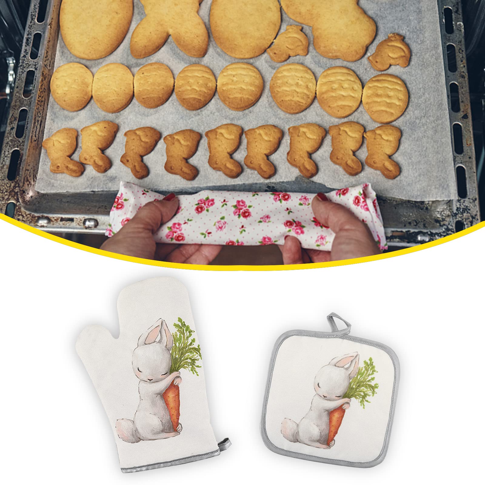 Heat Resistant Oven Mitts and Pot Holders Set - Cute Bunny Rabbit Print Kitchen Gloves for Cooking, Baking, Grilling - Easter Gifts for Women & Home Chefs - Perfect for Holiday Baking, BBQ, and Everyday Kitchen Use