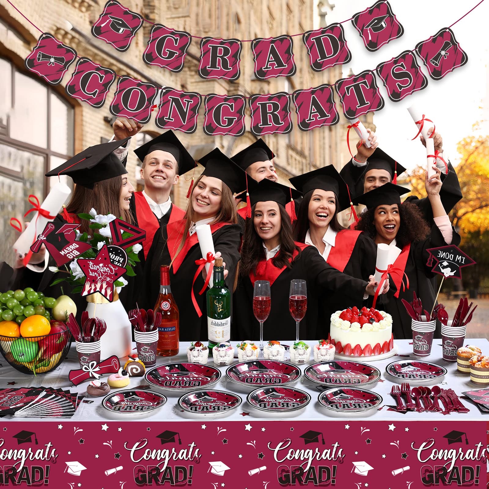 Yisong 2025 Graduation Party Supplies Kit - 24-Piece Disposable Dinnerware Set with Plates, Napkins, Cups, Cutlery & Decorations for College & High School Graduation Celebrations (Maroon) - Perfect for Graduation Dinners, Open Houses & Commencement Parties
