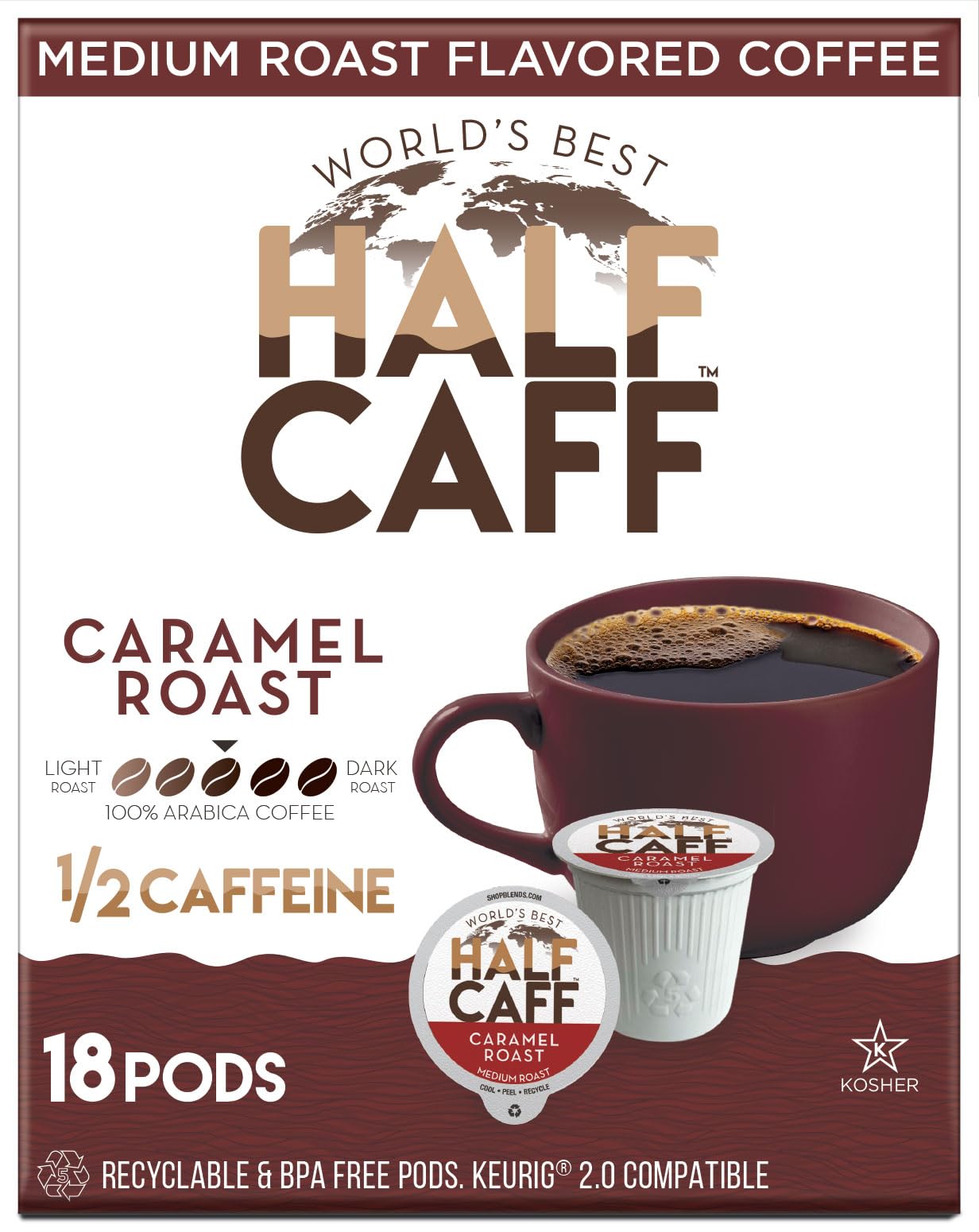 Best Half Caff Caramel Coffee Pods 18ct - Medium Roast Arabica K-Cups for Keurig | Recyclable Single Serve Pods | Perfect for Home, Office & Morning Brew