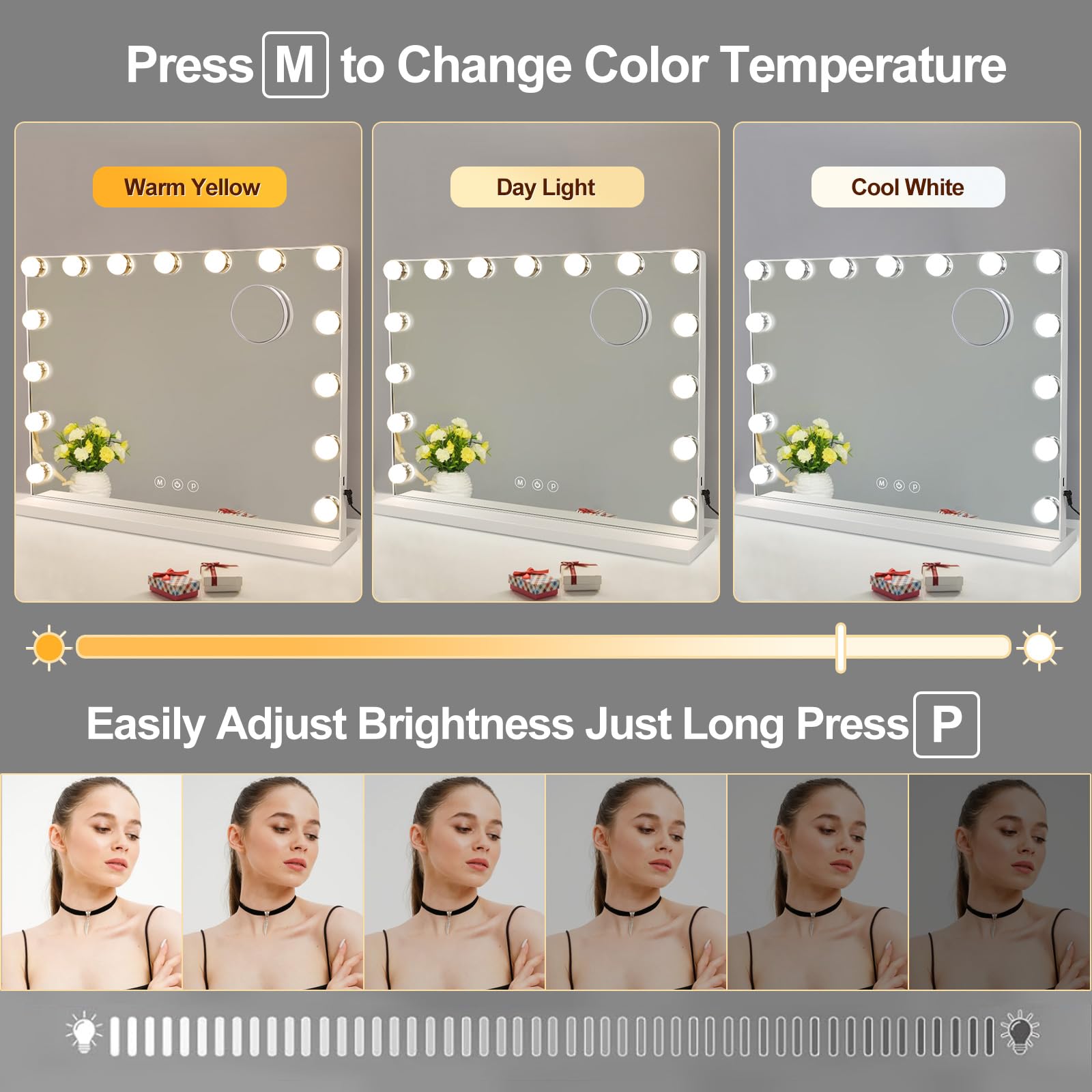 Hollywood Vanity Mirror with Lights - 23 Inch Large LED Makeup Mirror with Smart Touch Control, 15 Dimmable USB-Powered Lights for Dressing Room, Bedroom, Bathroom & Tabletop - White (Perfect for Makeup Application, Skincare Routine & Hairstyling)