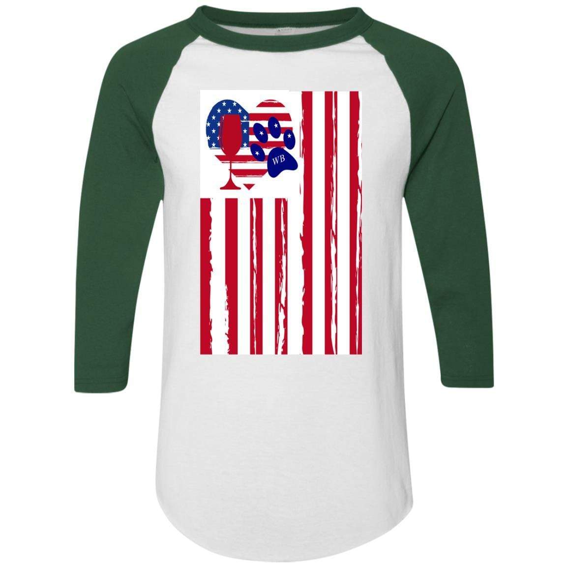 American Flag Wine Glass with Paw Heart Design - Colorblock Raglan Jersey for Women | Perfect for Patriotic Parties, BBQ Gatherings & Wine Lovers