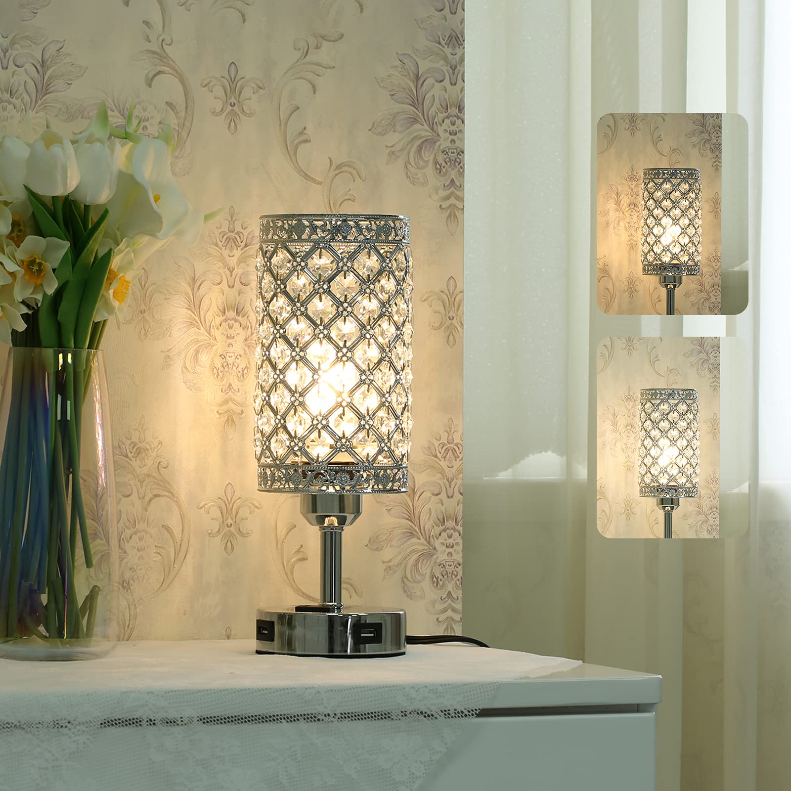 Touch Control Crystal Table Lamp Set of 2 - Modern USB Bedside Lamps with 3-Way Dimmable Lighting & 2 Charging Ports, K9 Glass Desk Lamp for Bedroom, Living Room, Office (Bulbs Included) | Perfect for Night Reading, Home Decor & Gift Giving