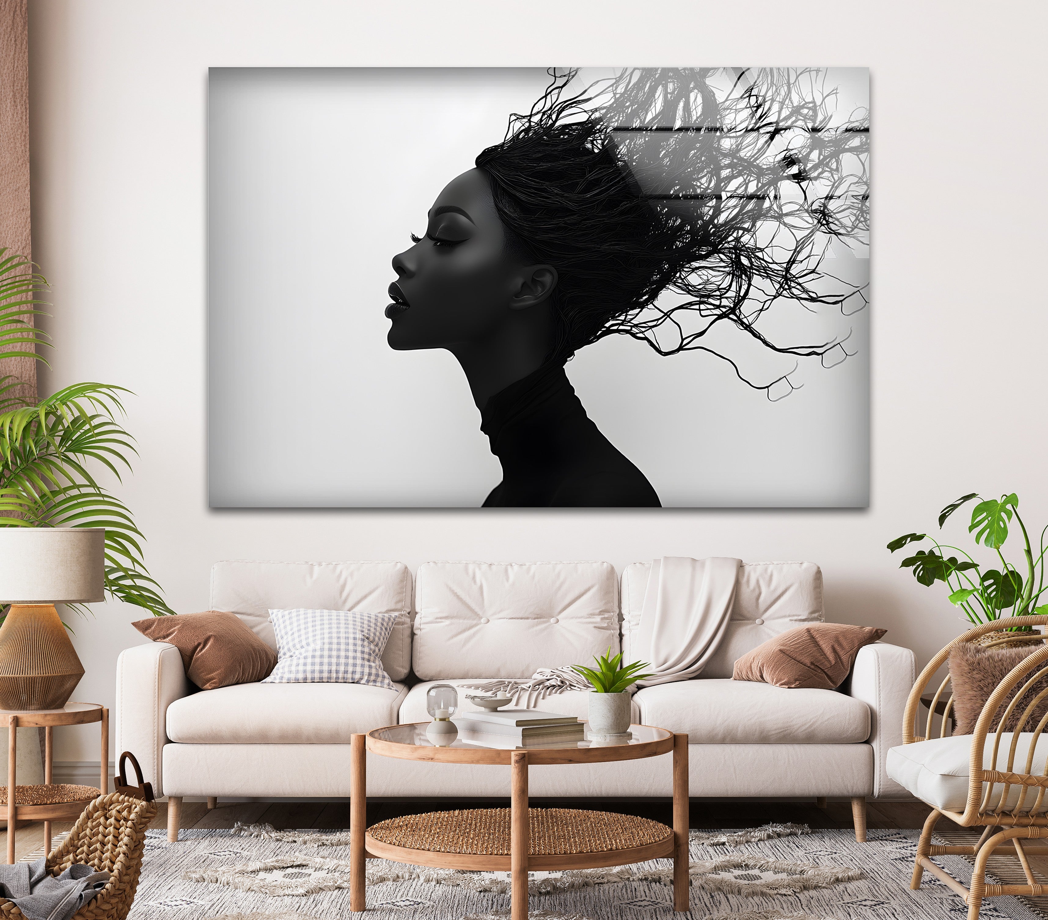 Abstract Black & White Portrait Wall Art - Elegant Woman with Flowing Hair Canvas Print for Modern Home & Office Decor | Living Room, Bedroom, Gallery Wall Display