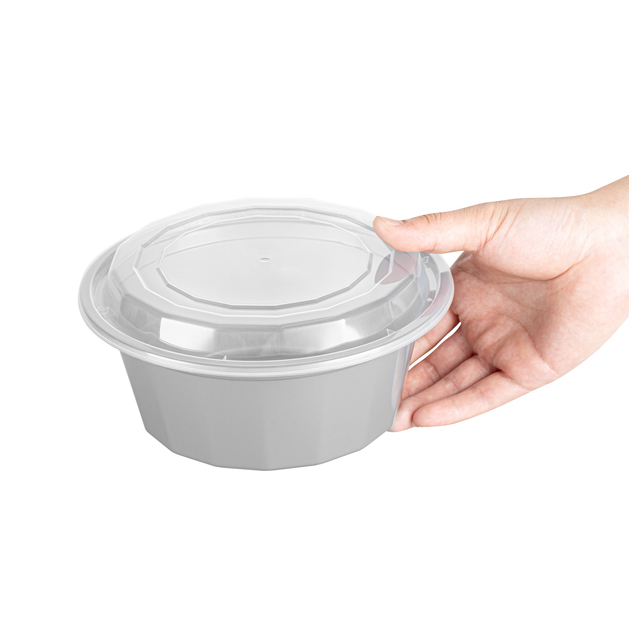32 oz Round Silver Plastic Food Storage Containers with Clear Lids - Microwave Safe, Reusable To-Go Boxes (7.25