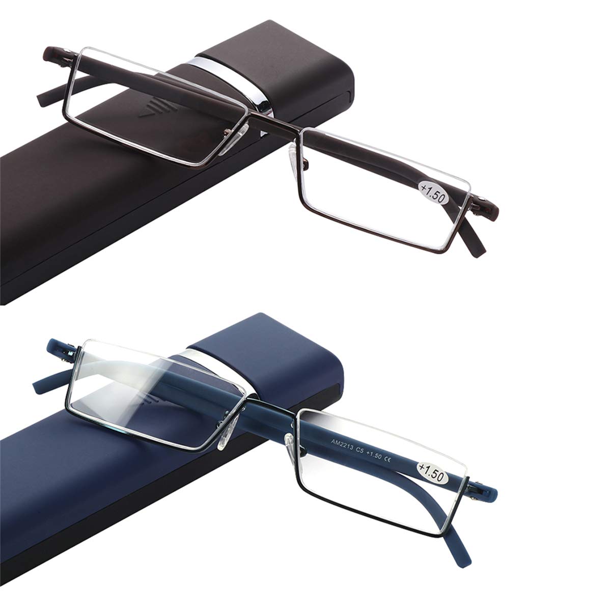 Half Frame Reading Glasses with Portable Case - Thin & Lightweight Readers for Women & Men (2 Pairs, +3.5 Magnification) - Perfect for Reading, Office Work & Travel