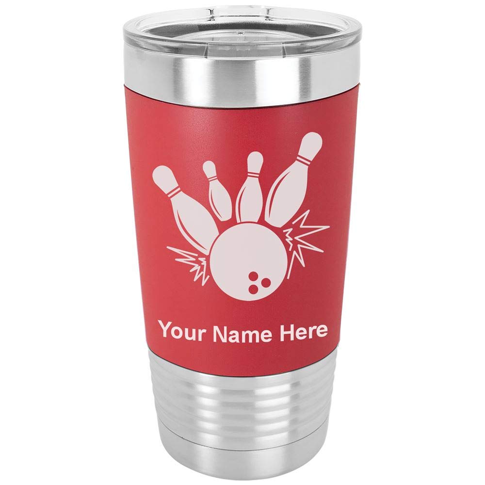 LaserGram 20oz Vacuum Insulated Stainless Steel Tumbler Mug with Silicone Grip - Custom Engraved Bowling Ball & Pins Design (Red) - Perfect for Coffee, Tea & Cold Drinks at Home, Office or Gym