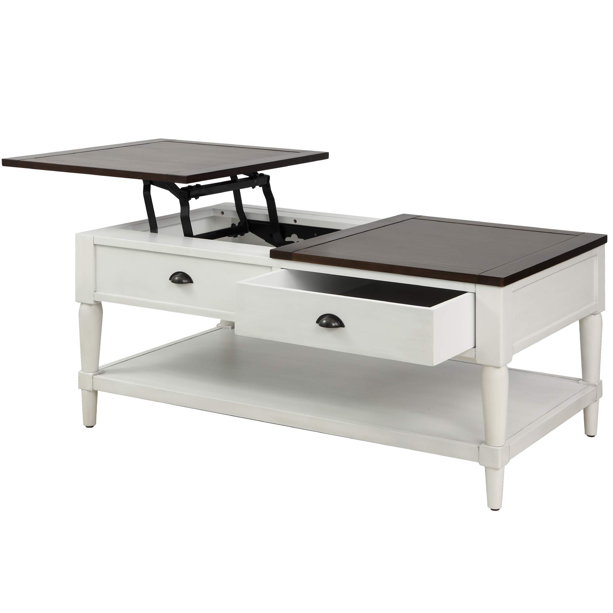 Lift Top Coffee Table with Drawer and Shelf - Solid Wood Modern End Table for Living Room, Home Office - White & Brown - Perfect for Small Spaces, Storage & Stylish Decor