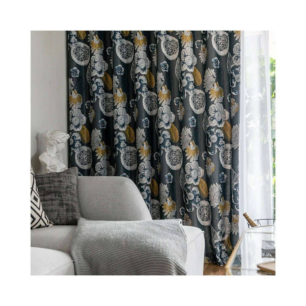 Rémy Black Botanical Floral Print Curtains for Living Room & Bedroom - Elegant Floral Design Window Drapes for Home Decor