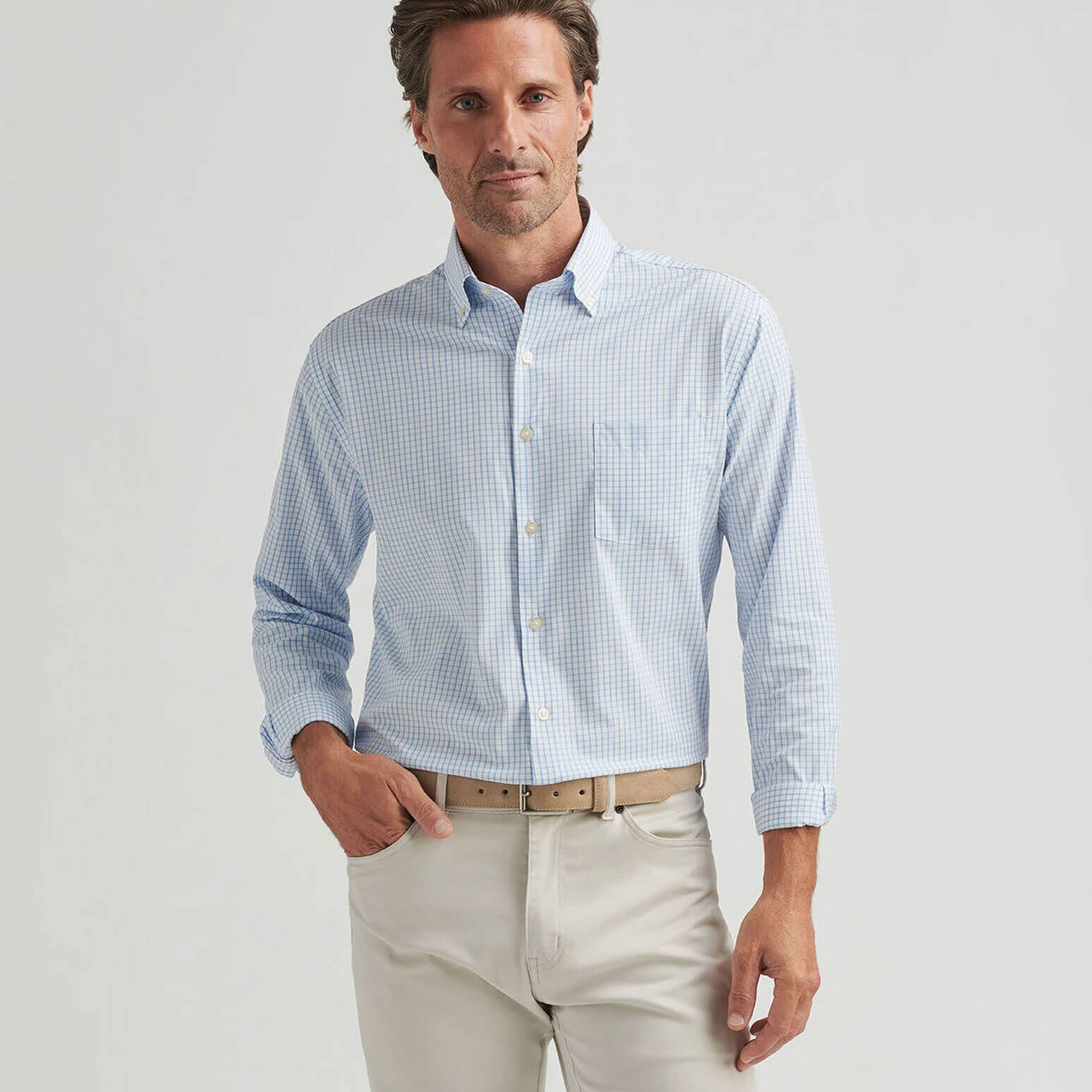 Peter Millar Hanford Performance Twill Classic Fit Sport Shirt for Men - Breathable Comfort Golf & Casual Wear - Cottage Blue