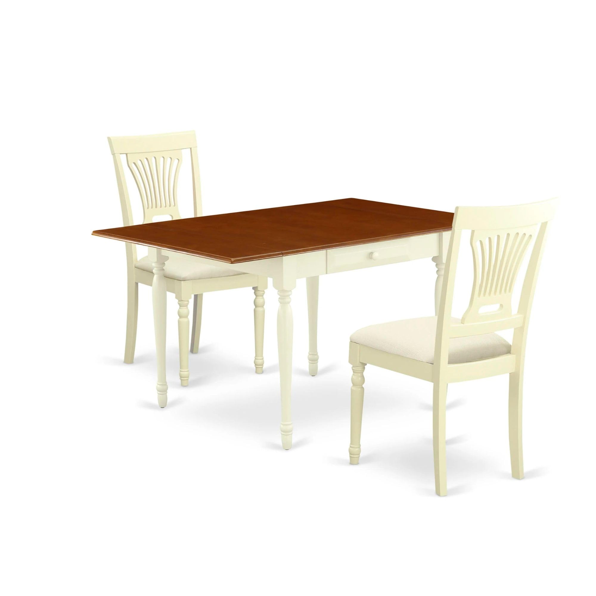 East West Furniture 3 Piece Dining Table Set for Small Spaces - 36x54 Inch Rectangle Wooden Drop Leaf Table with 2 Linen Upholstered Chairs, Buttermilk & Cherry - Perfect for Apartments, Breakfast Nooks & Cozy Dining Areas