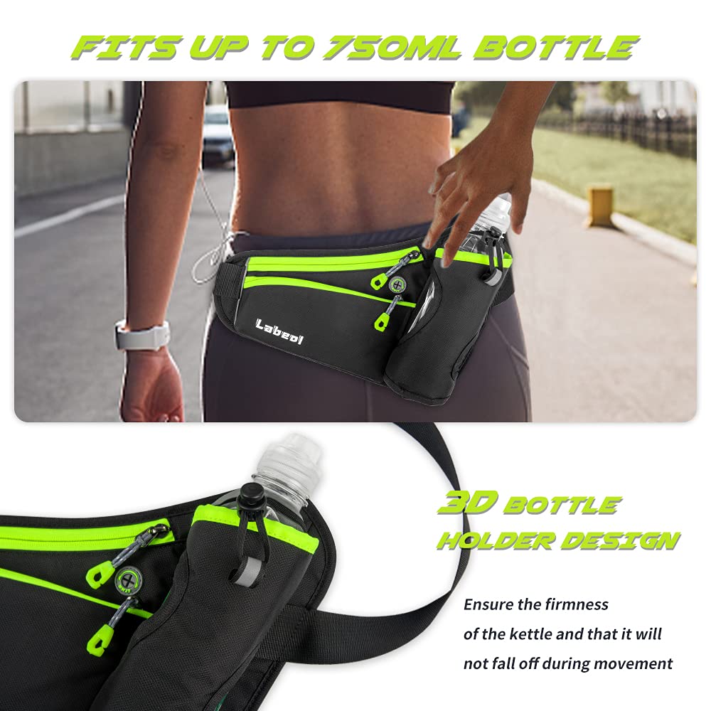 Labeol Adjustable Running Belt with Water Bottles - 2 Zipper Pockets Hydration Waist Pack for Men & Women - Lightweight Fanny Pack for Hiking, Climbing, Jogging & Outdoor Activities (Green)
