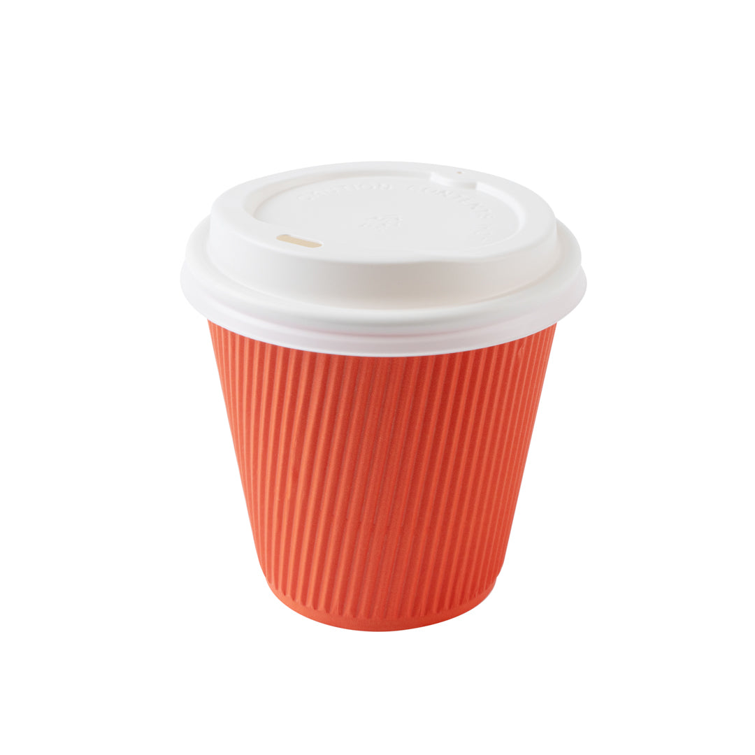 8 oz Tangerine Orange Ripple Wall Paper Coffee Cups with White Lids - 3.5
