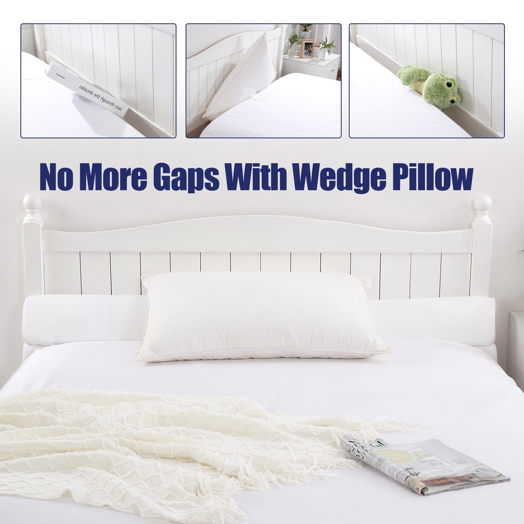 HOMBYS Foldable Wedge Pillow for Bed Gap - Queen Size Headboard Gap Filler, Multi-Functional Mattress Crack Pillow (0-7 Inch), White - Perfect for Adjustable Beds, Reading & Back Support
